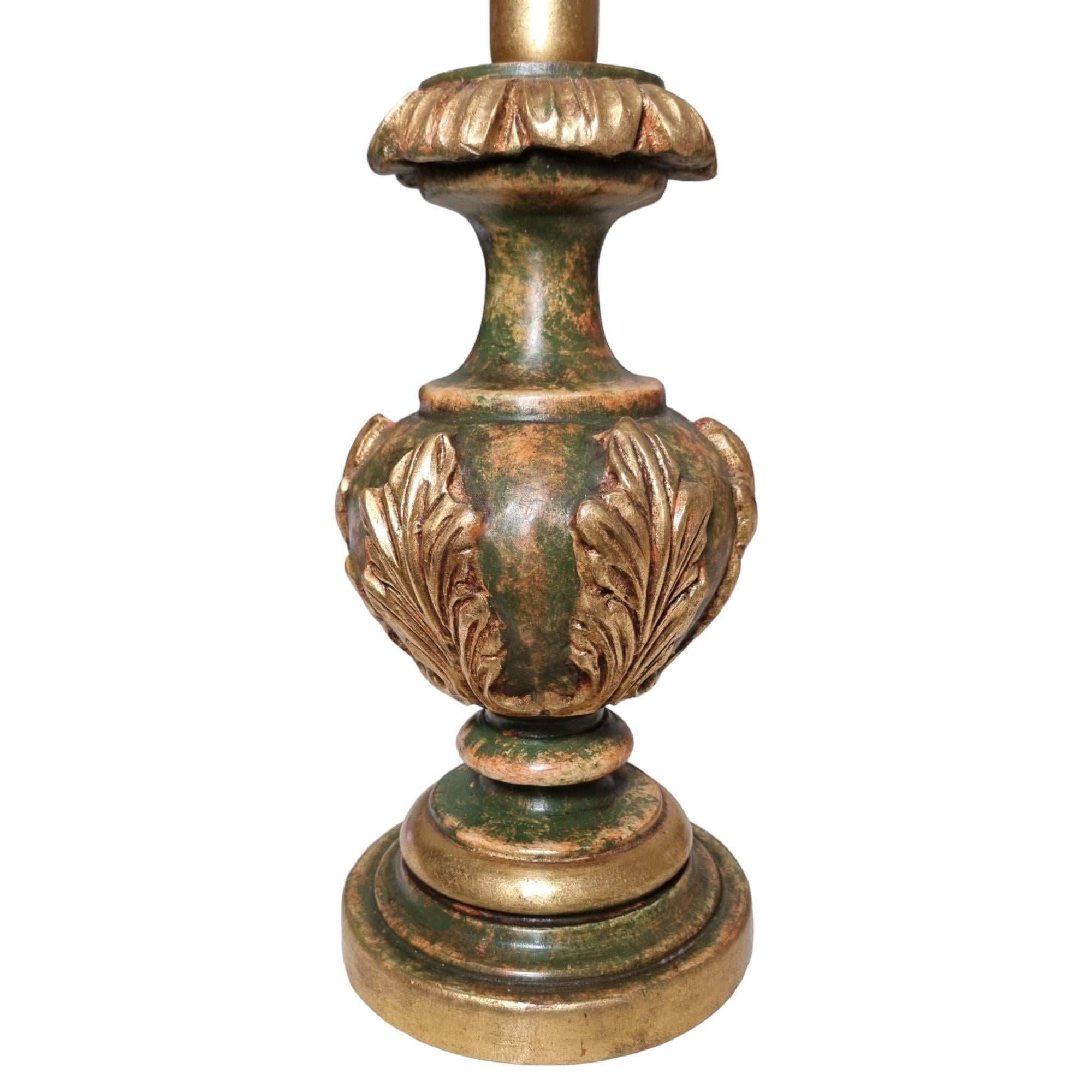 Contemporary Green & Gold Leaf Lacquered Turned Wood Table Lamp with Fortuny Fabric Lampshade For Sale