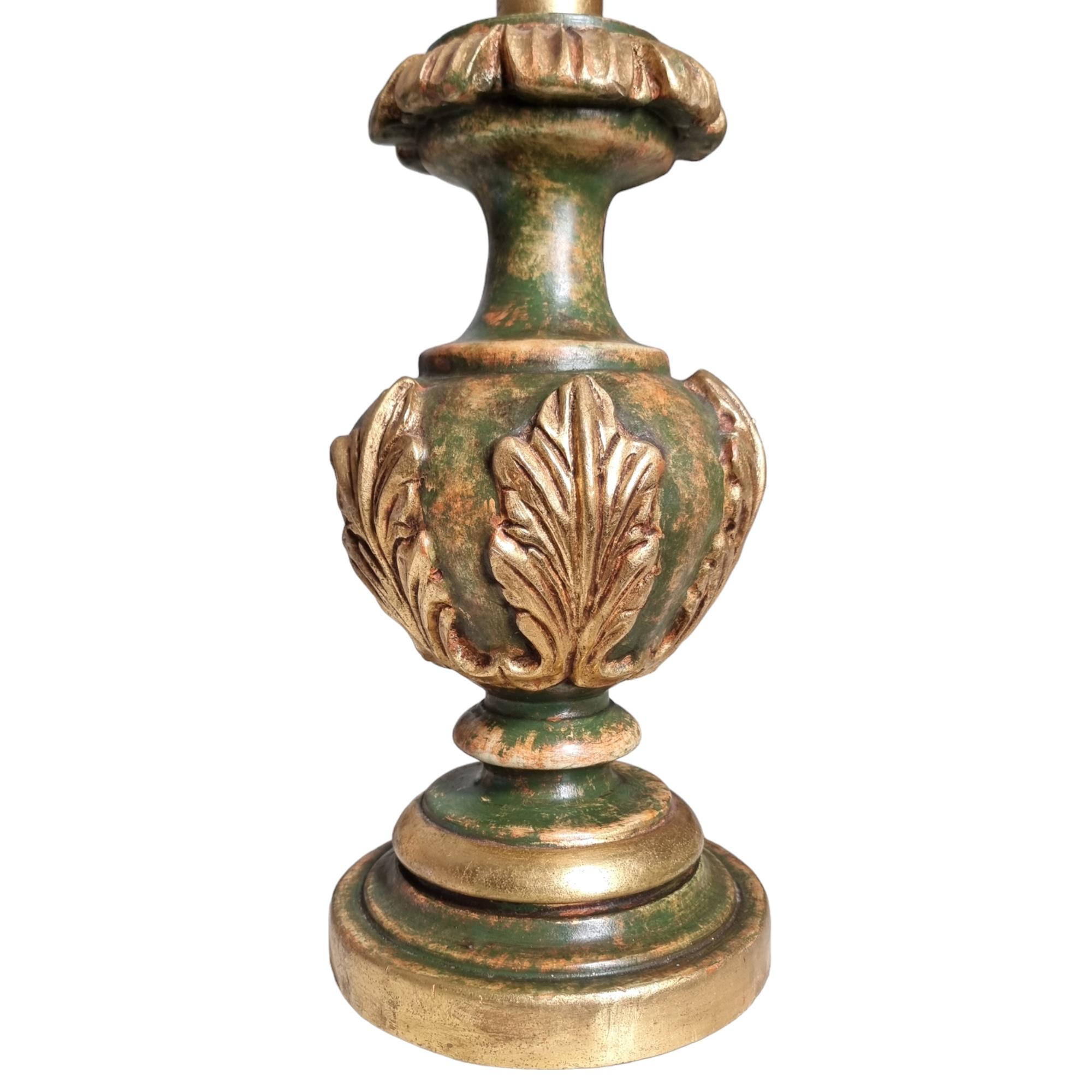 Green & Gold Leaf Lacquered Turned Wood Table Lamp with Fortuny Fabric Lampshade For Sale 1