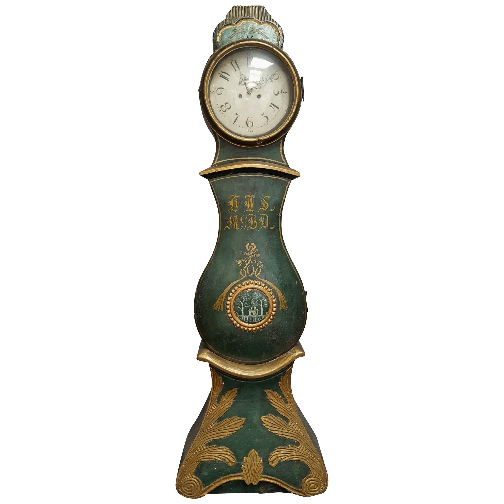 Green Gold Mora Clock Swedish Early 1800s Antique Fryksdall Painted Original