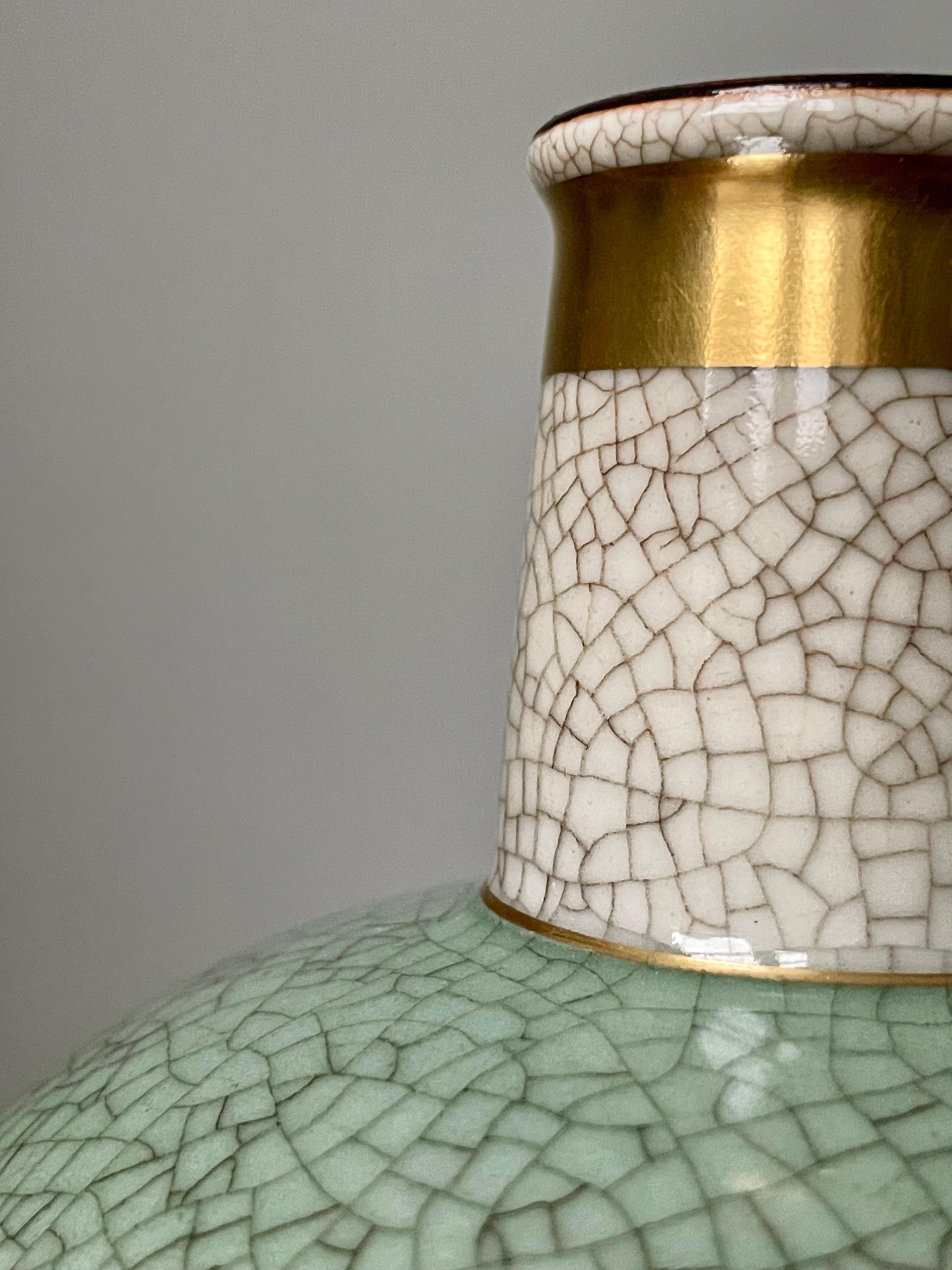 Ceramic Green Gold Royal Copenhagen Crackle Glaze Vase, 1950s For Sale