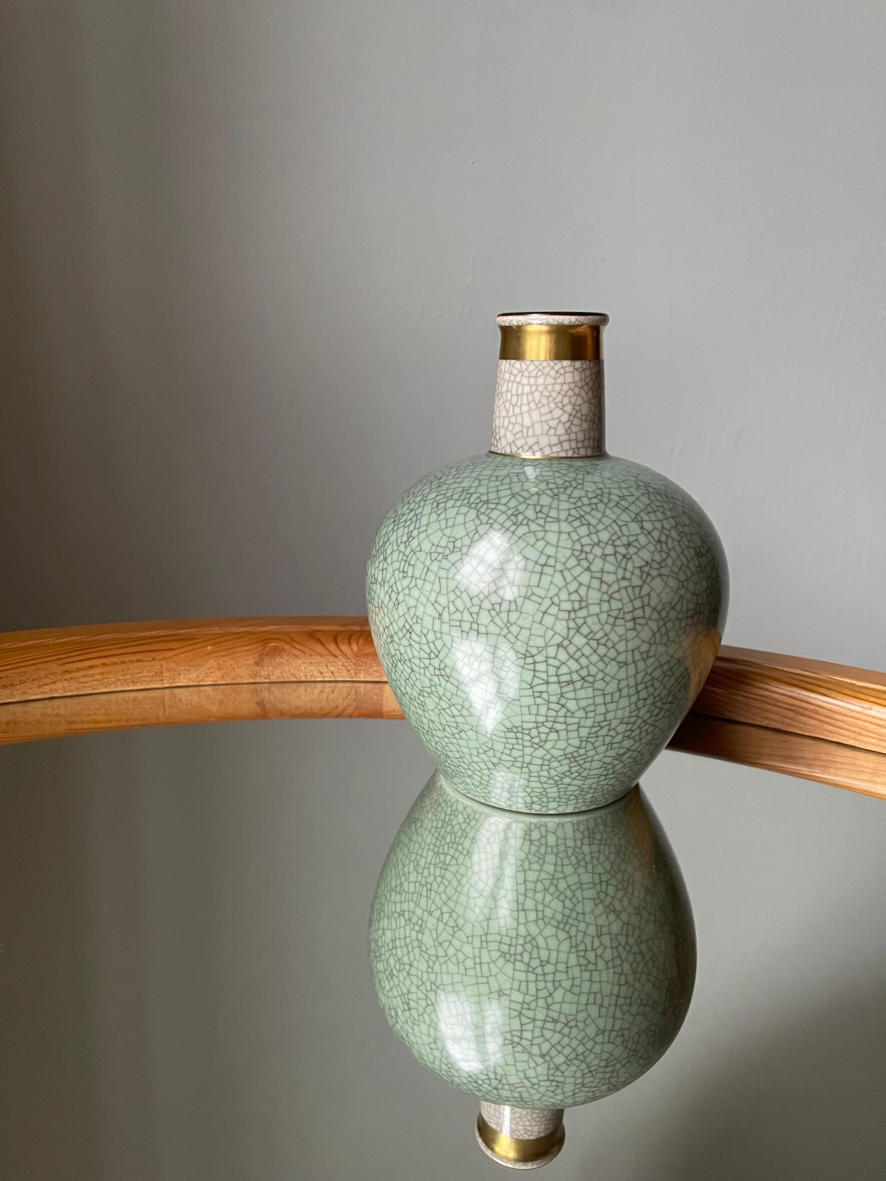 Mid-Century Modern Green Gold Royal Copenhagen Crackle Glaze Vase, 1950s For Sale