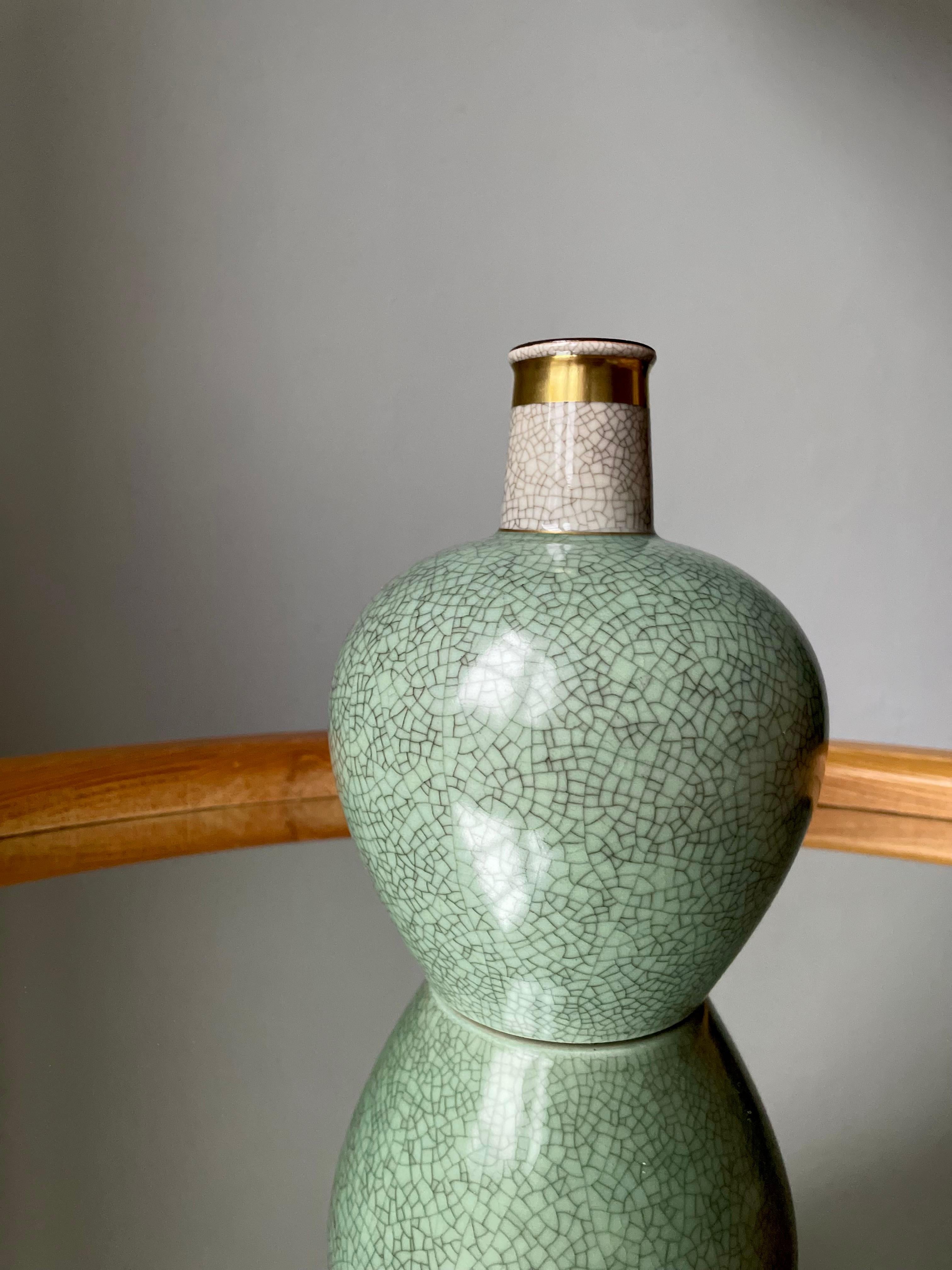 20th Century Green Gold Royal Copenhagen Crackle Glaze Vase, 1950s For Sale