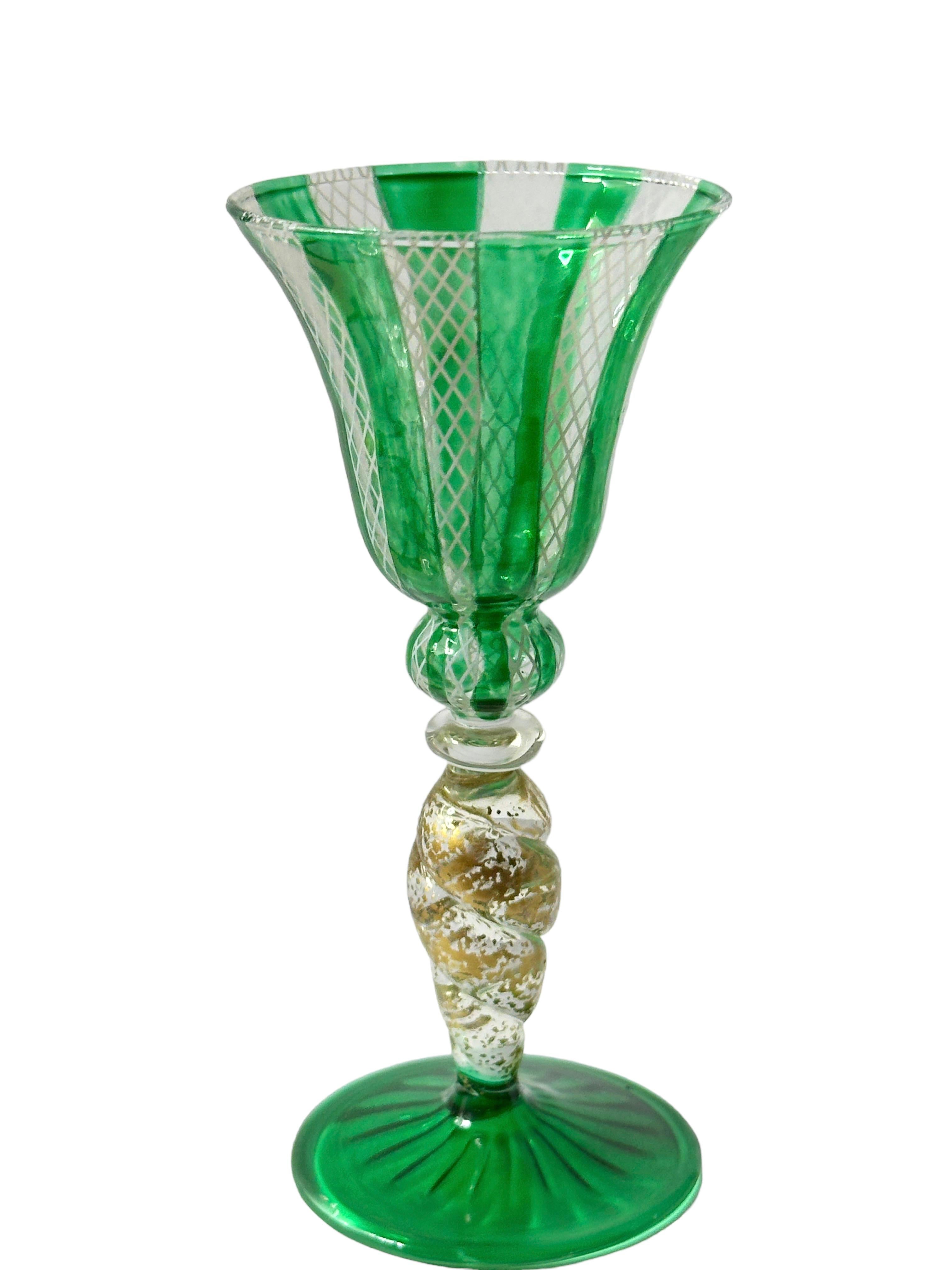 Renaissance Green & Gold Stardust Salviati Murano Glass Liqueur Goblet, Vintage Italy  For Sale