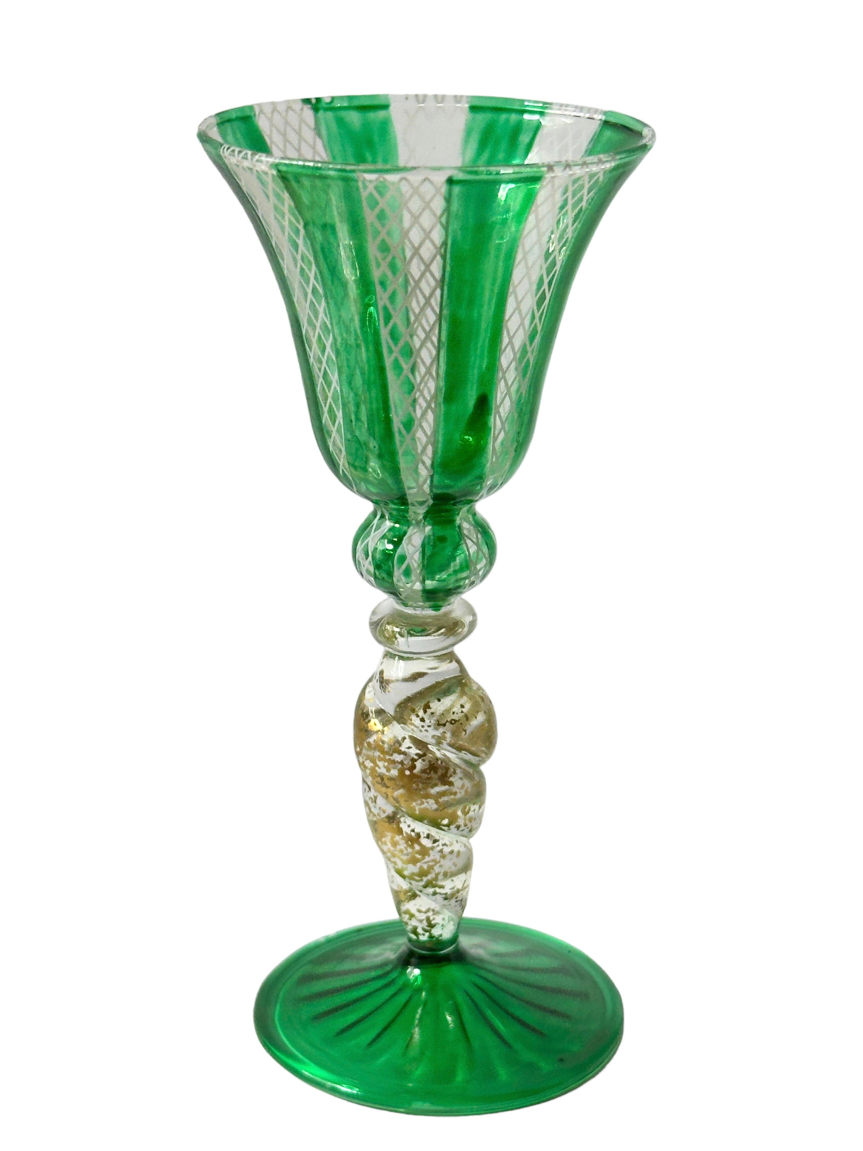 Italian Green & Gold Stardust Salviati Murano Glass Liqueur Goblet, Vintage Italy  For Sale