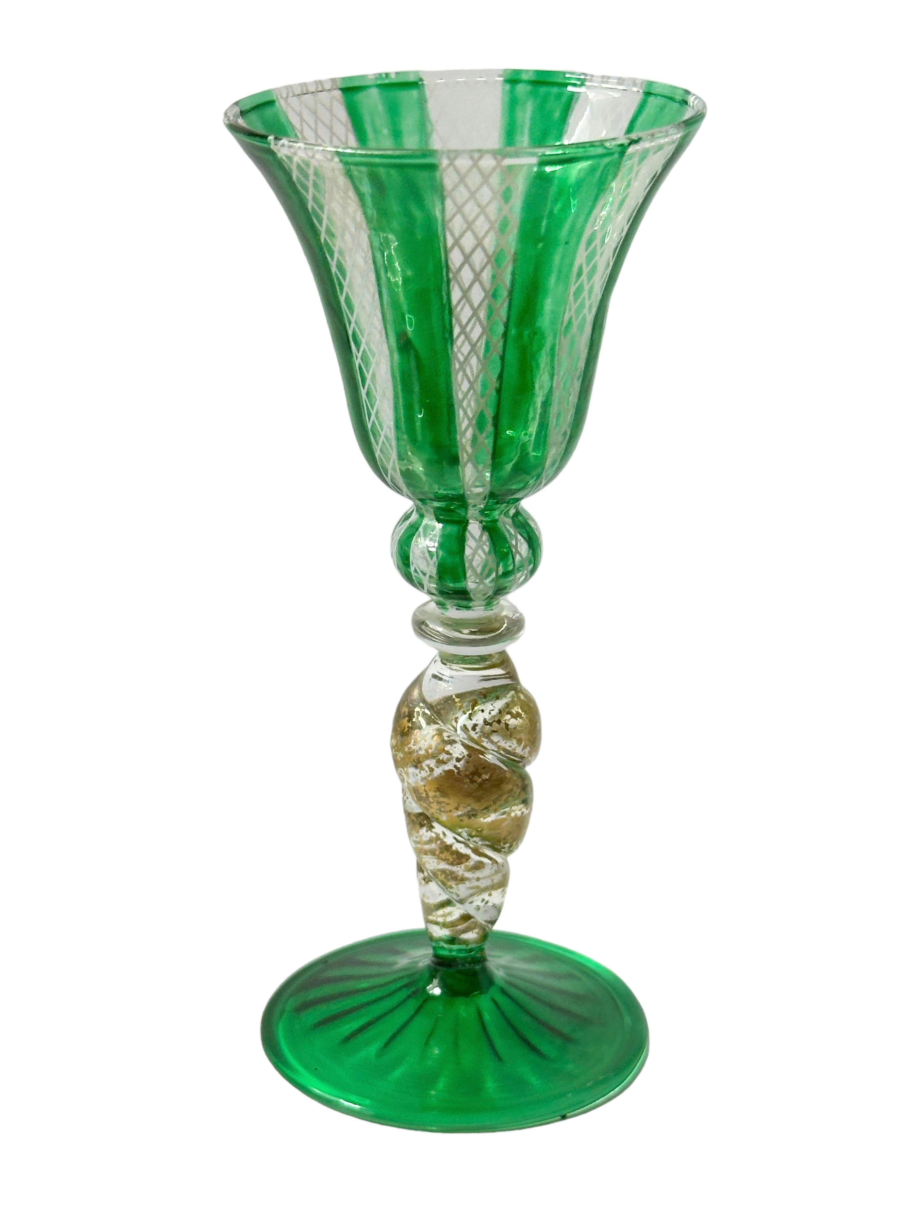 Hand-Crafted Green & Gold Stardust Salviati Murano Glass Liqueur Goblet, Vintage Italy  For Sale