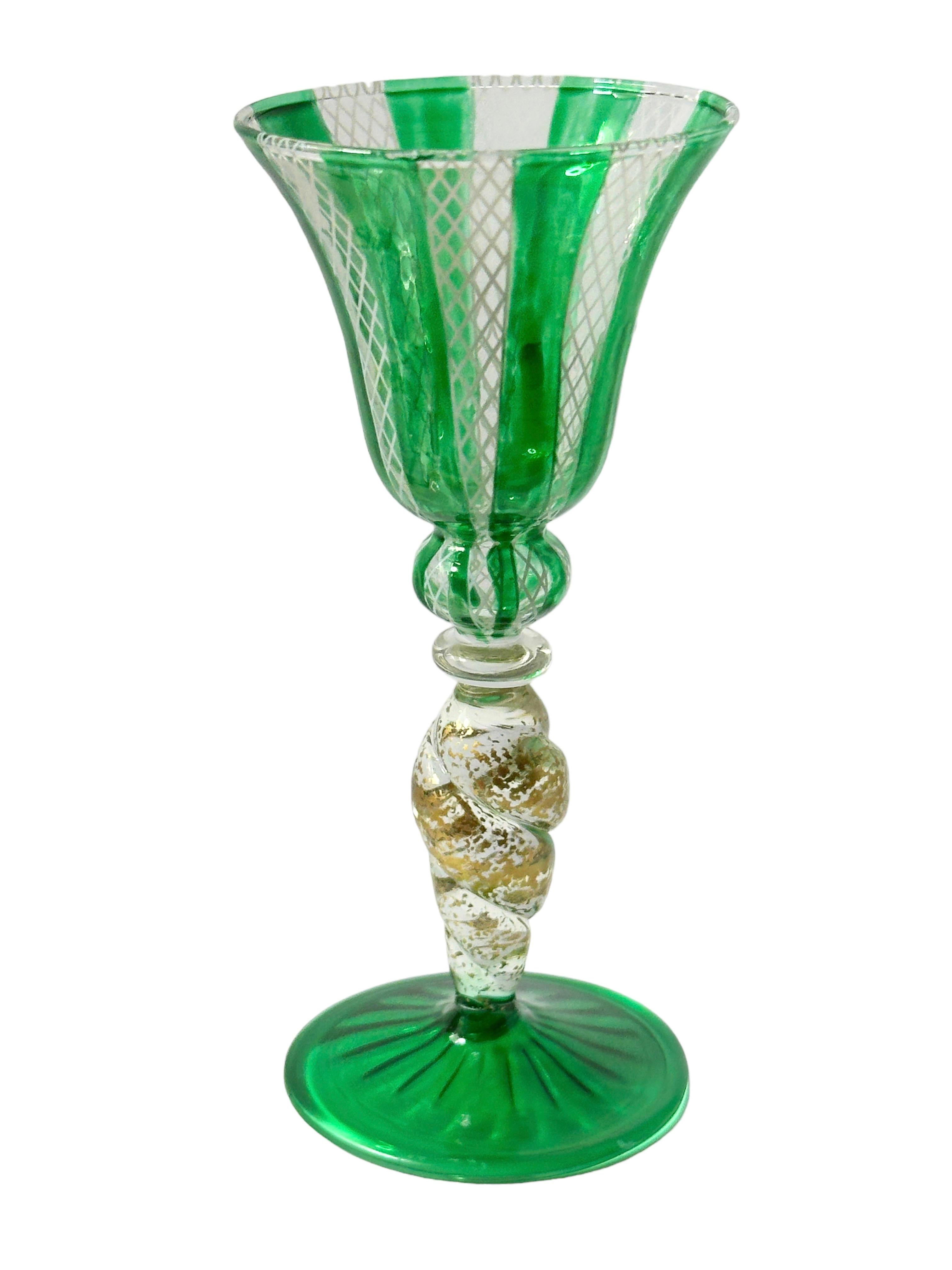 Blown Glass Green & Gold Stardust Salviati Murano Glass Liqueur Goblet, Vintage Italy  For Sale