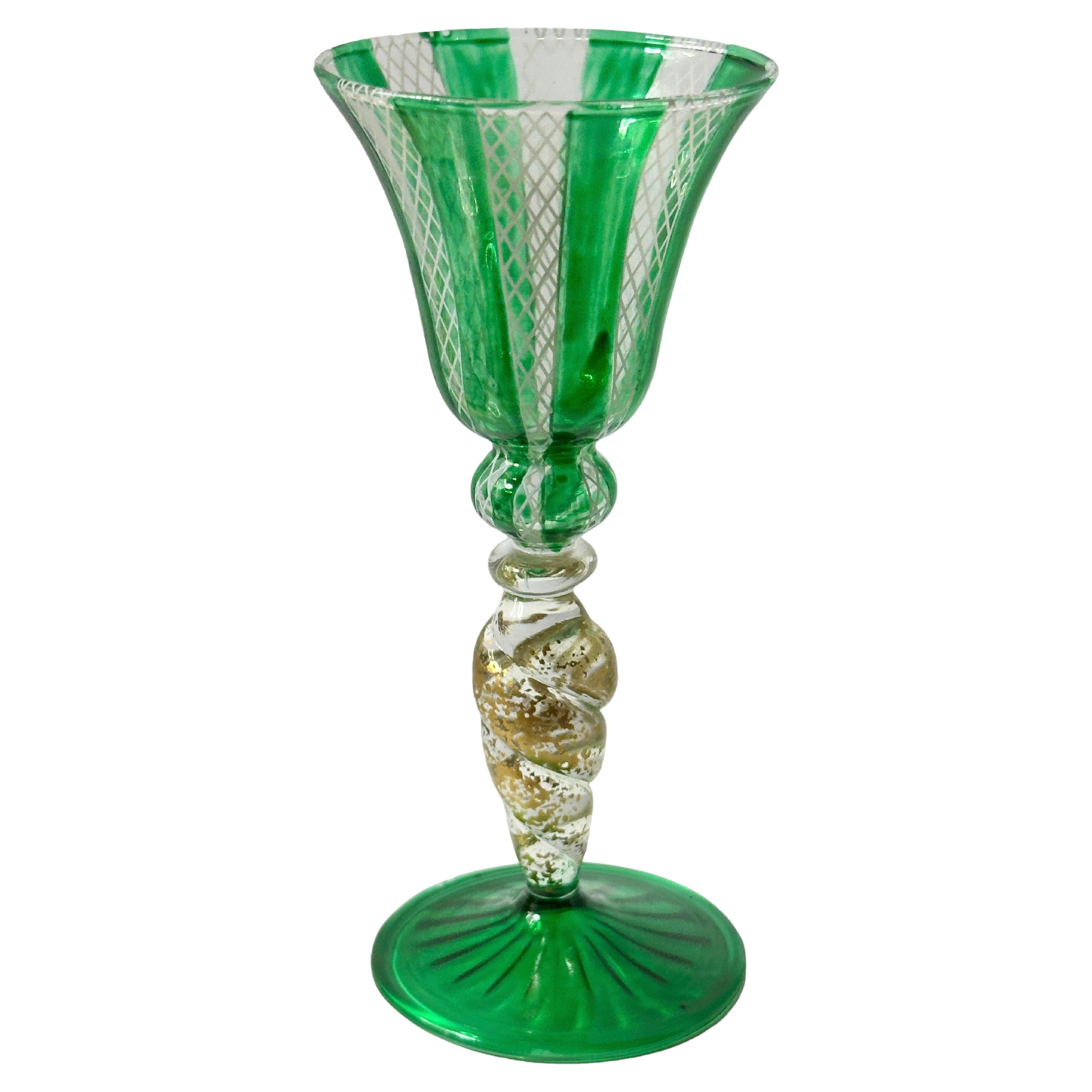 Green & Gold Stardust Salviati Murano Glass Liqueur Goblet, Vintage Italy