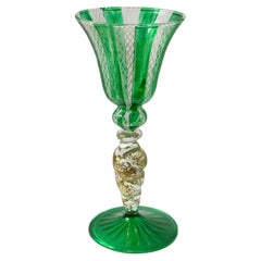 Green & Gold Stardust Salviati Murano Glass Liqueur Goblet, Retro Italy 