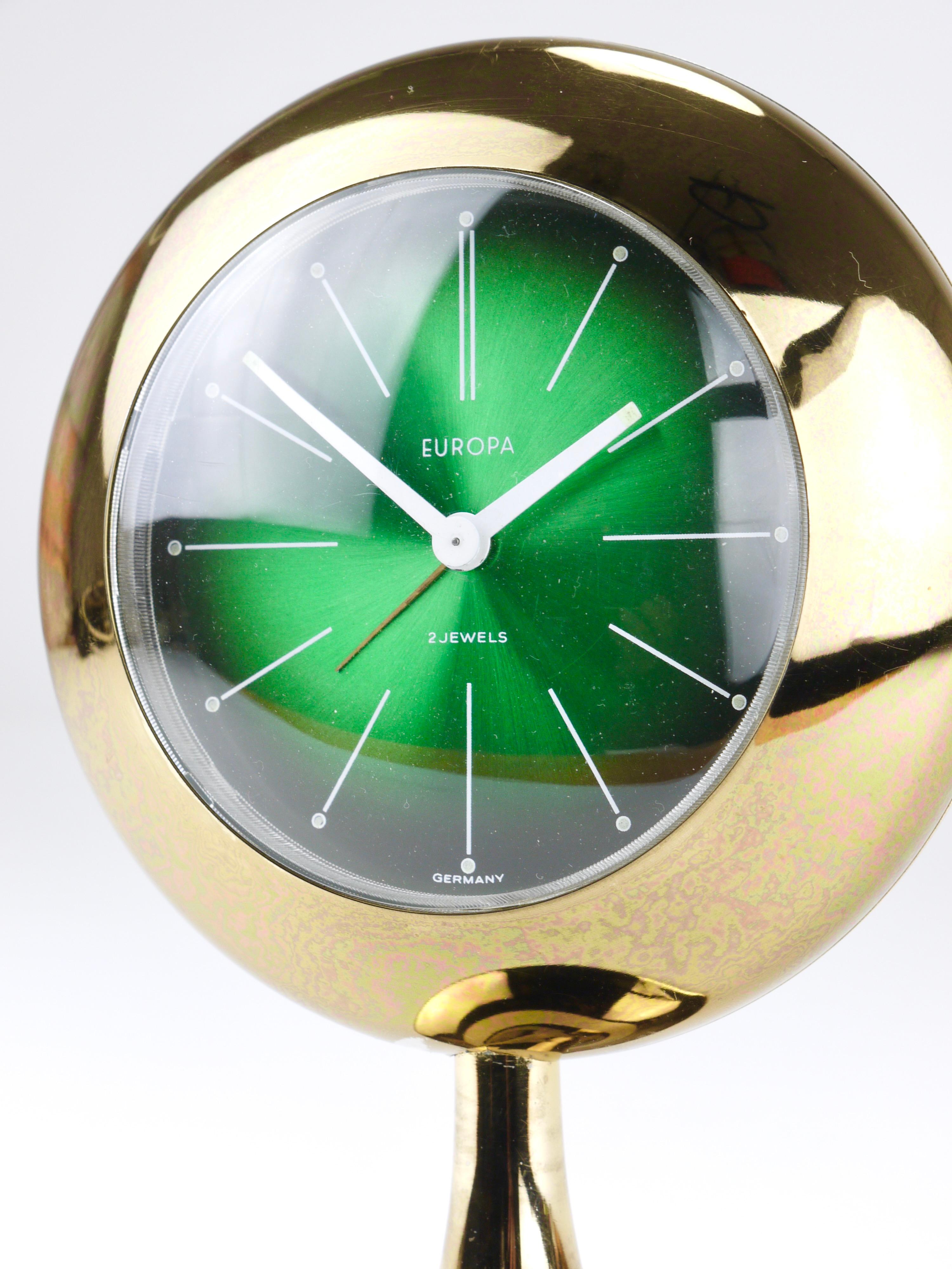 Green & Golden Table Desk Alarm Clock with Tulip Base by Europa, Germany, 1970s For Sale 6