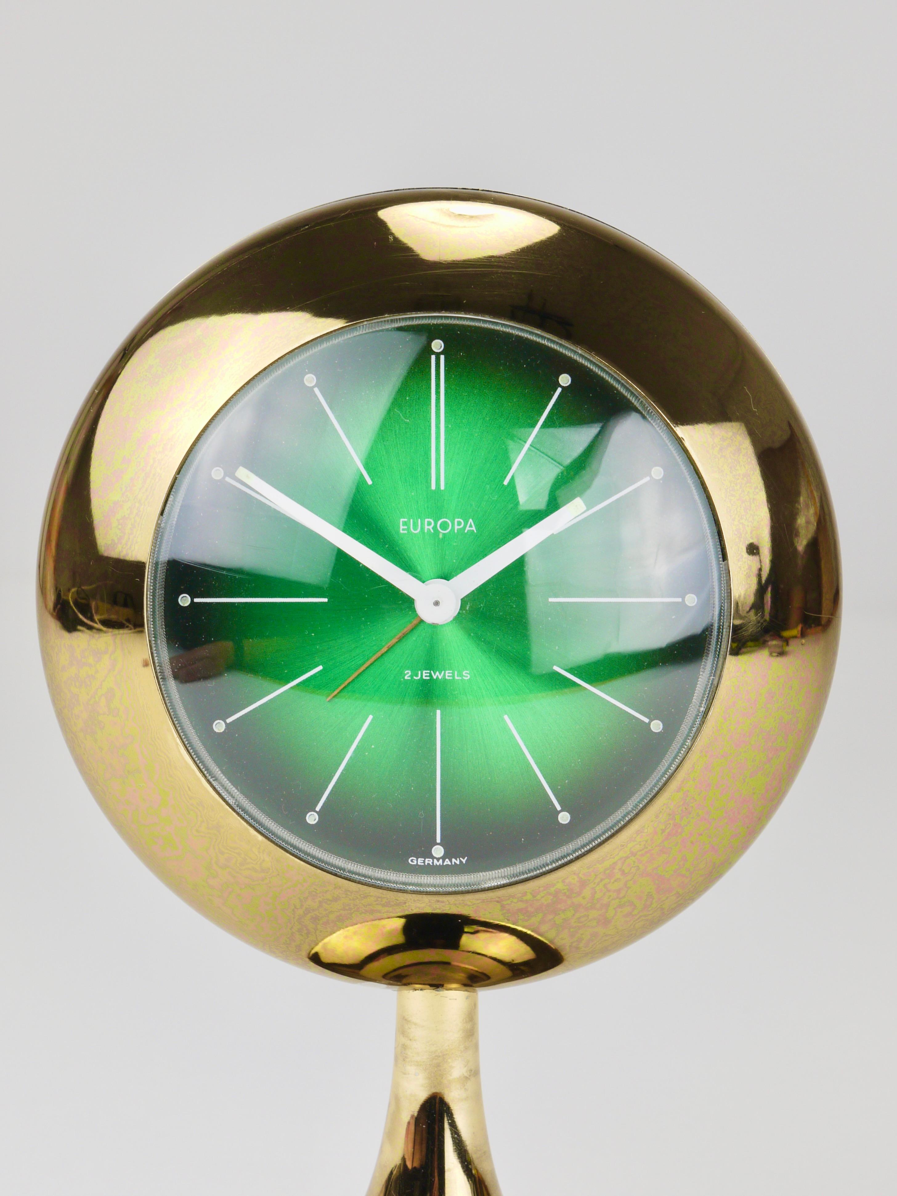 Mid-Century Modern Green & Golden Table Desk Alarm Clock with Tulip Base by Europa, Germany, 1970s For Sale