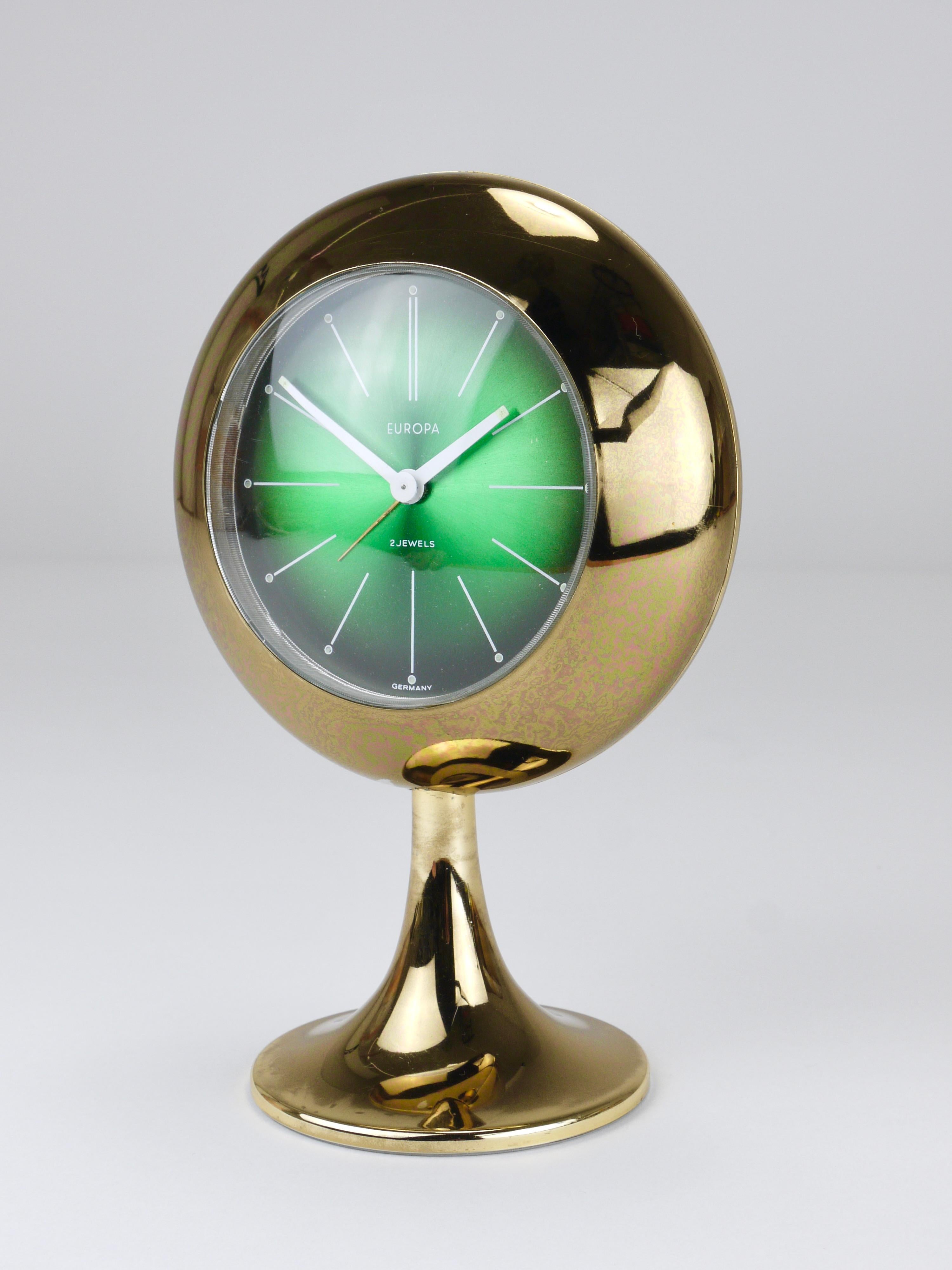 Green & Golden Table Desk Alarm Clock with Tulip Base by Europa, Germany, 1970s In Good Condition For Sale In Vienna, AT