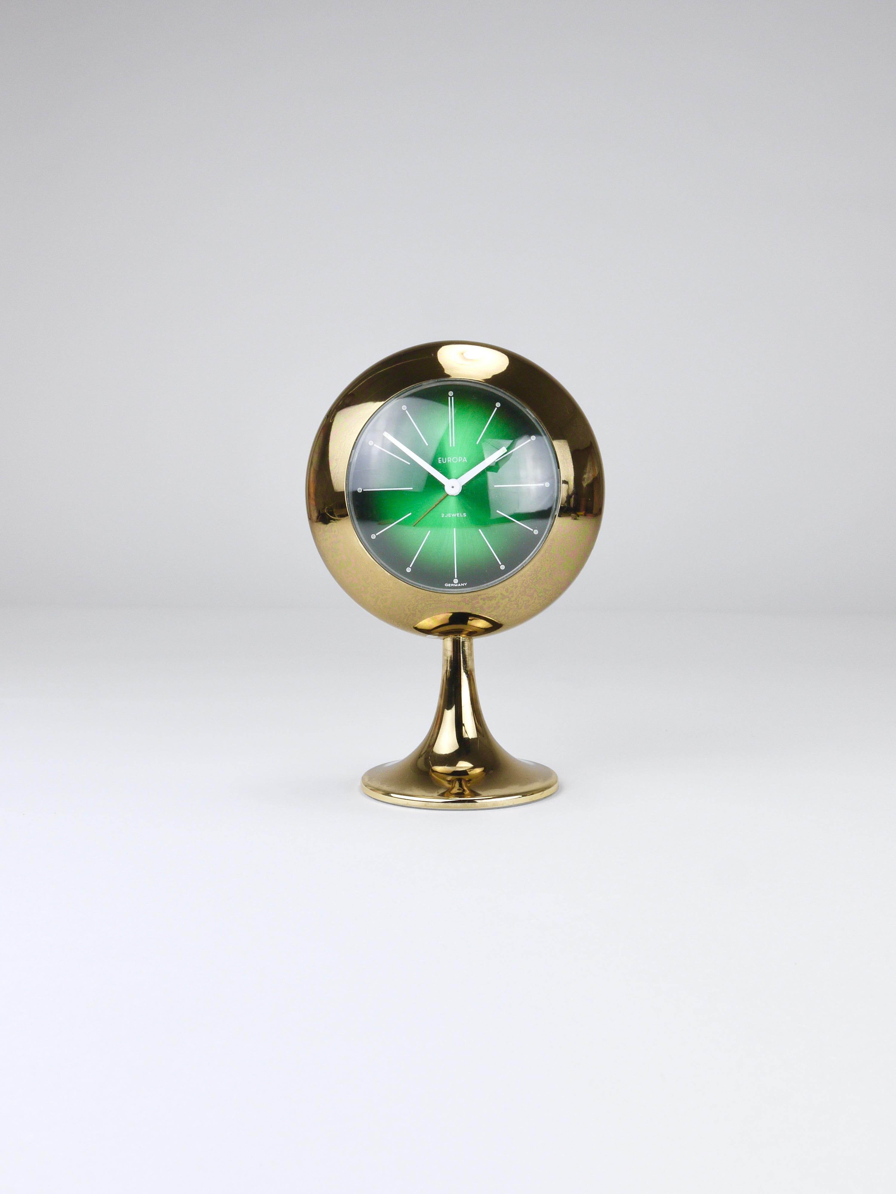 20th Century Green & Golden Table Desk Alarm Clock with Tulip Base by Europa, Germany, 1970s For Sale