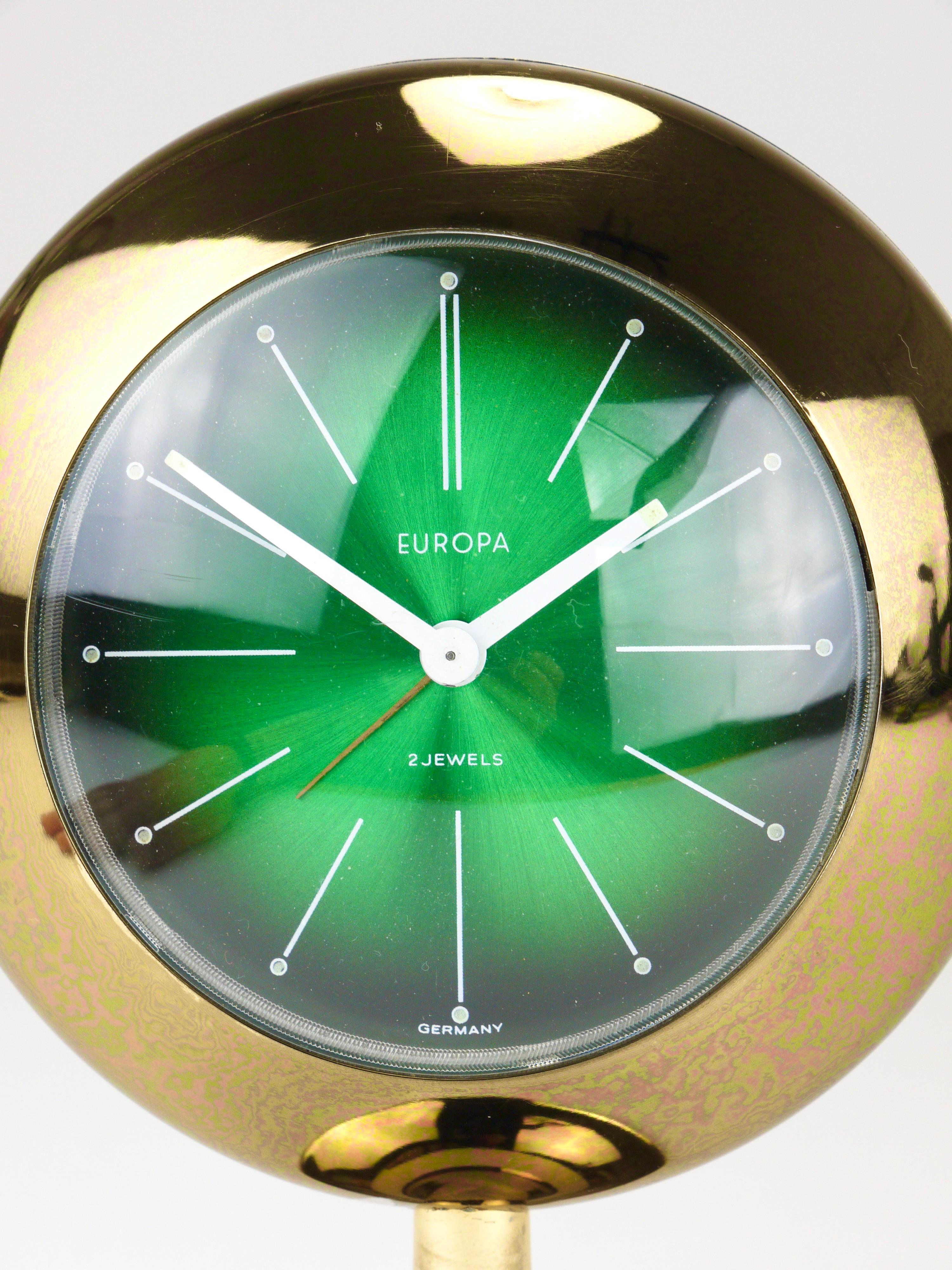 Plastic Green & Golden Table Desk Alarm Clock with Tulip Base by Europa, Germany, 1970s For Sale