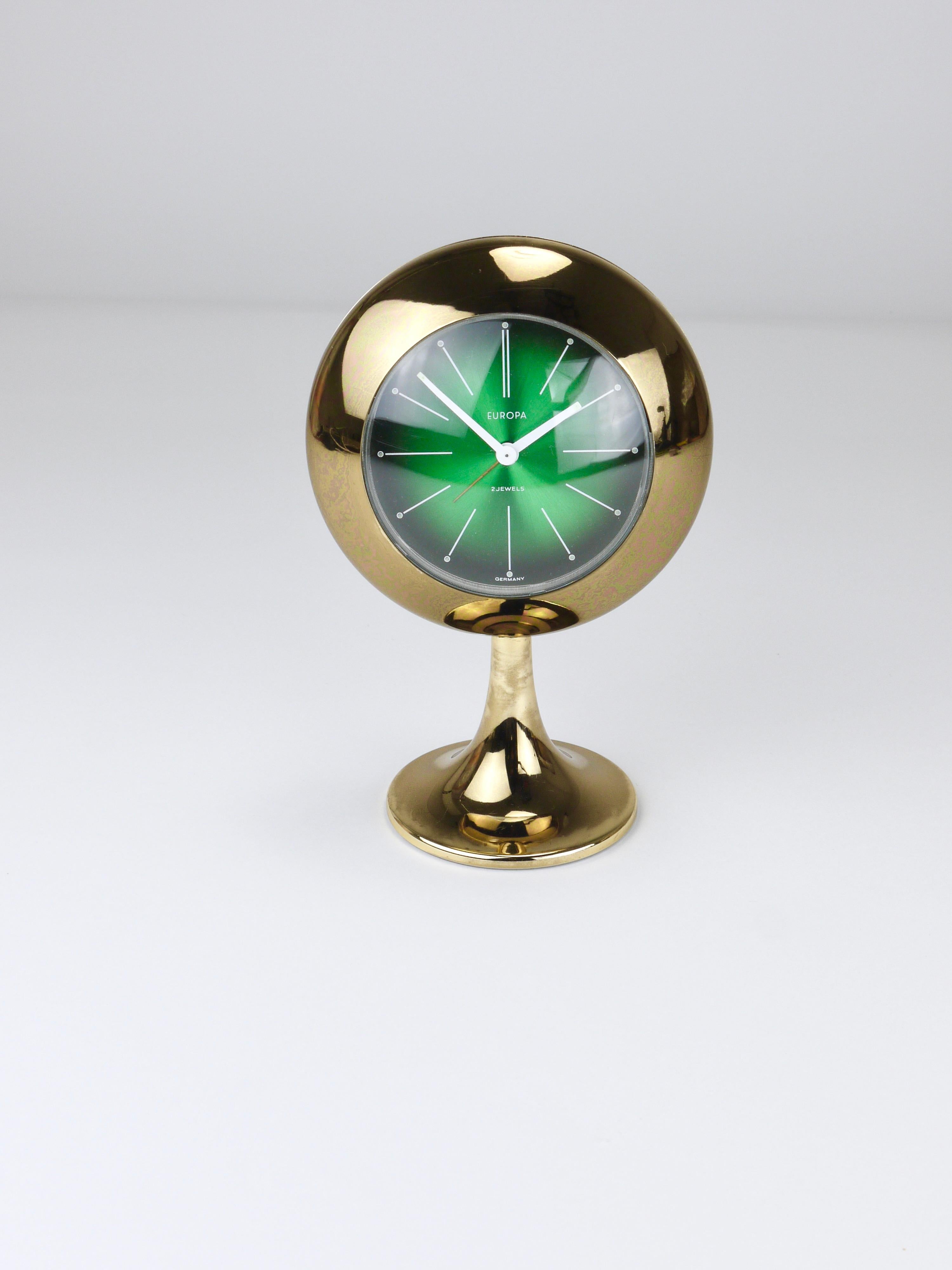 Green & Golden Table Desk Alarm Clock with Tulip Base by Europa, Germany, 1970s For Sale 1
