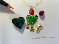 Green Granat Heart Necklace with Star Ruby Cabochon and Citrine Original Design