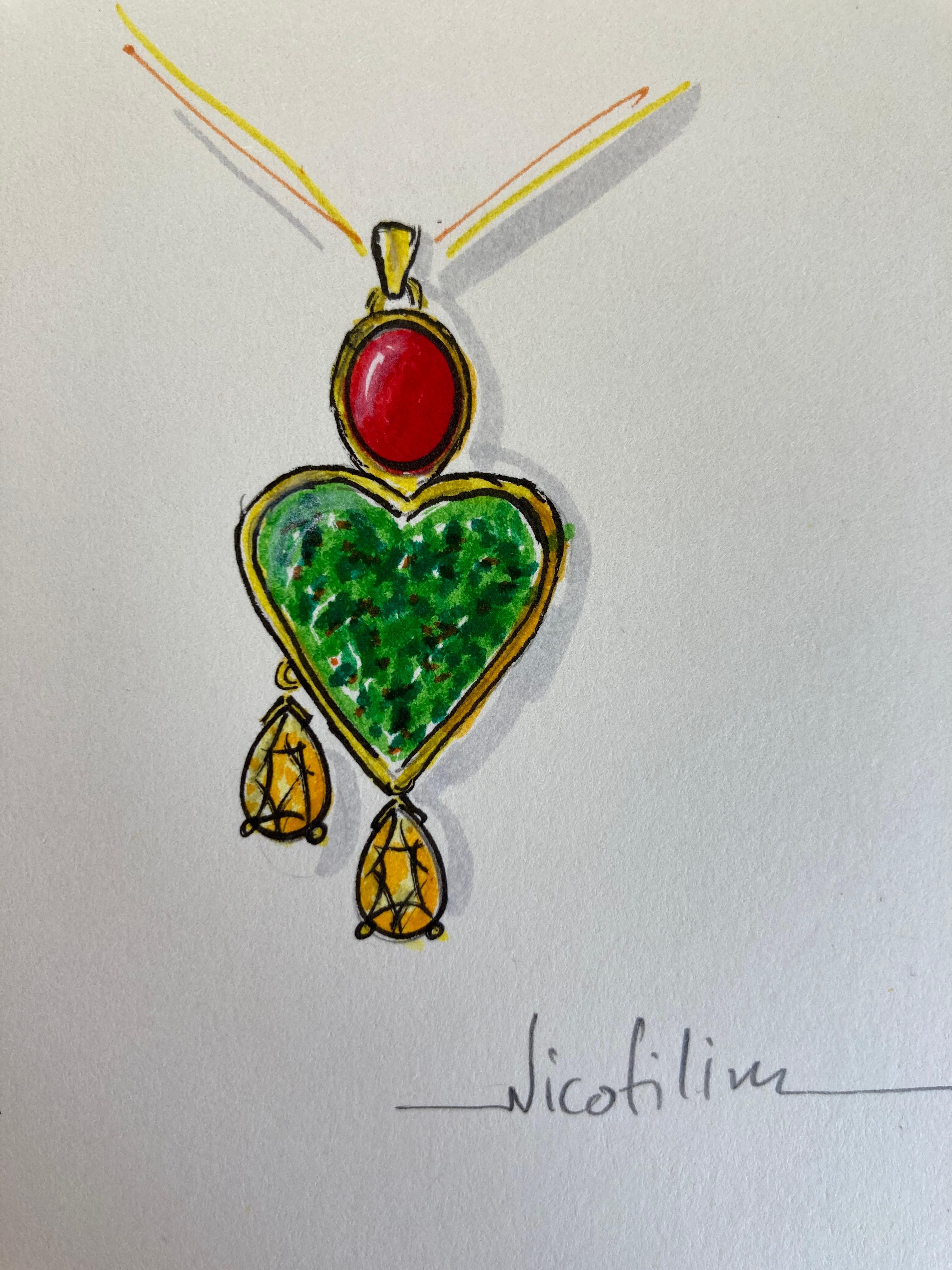 Grünes Granat-Herz-Halskette mit Stern-Rubin-Cabochon und Citrin Original Design (Kunsthandwerker*in) im Angebot