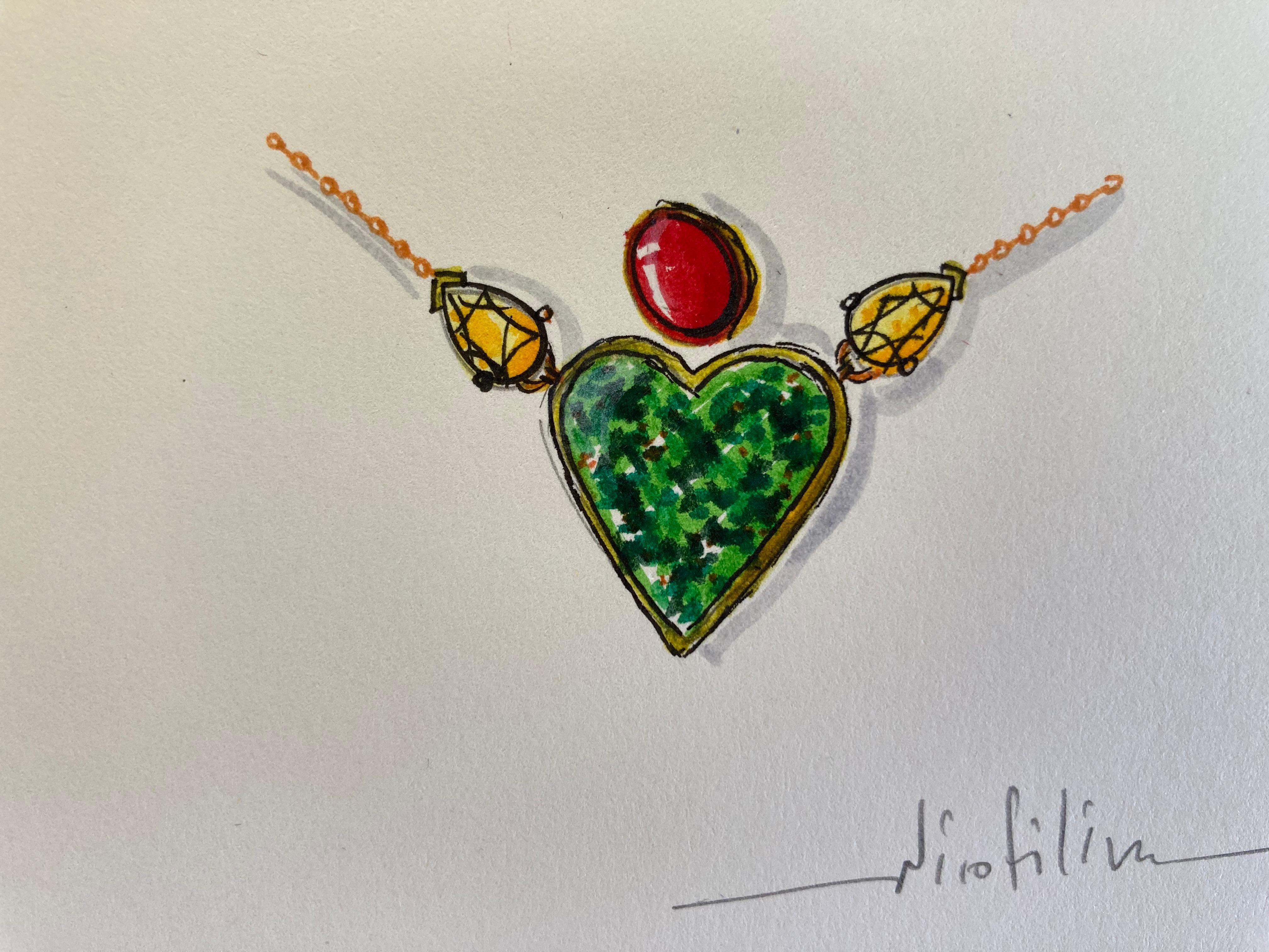 Artisan Green Granat Heart Necklace with Star Ruby Cabochon and Citrine Original Design For Sale