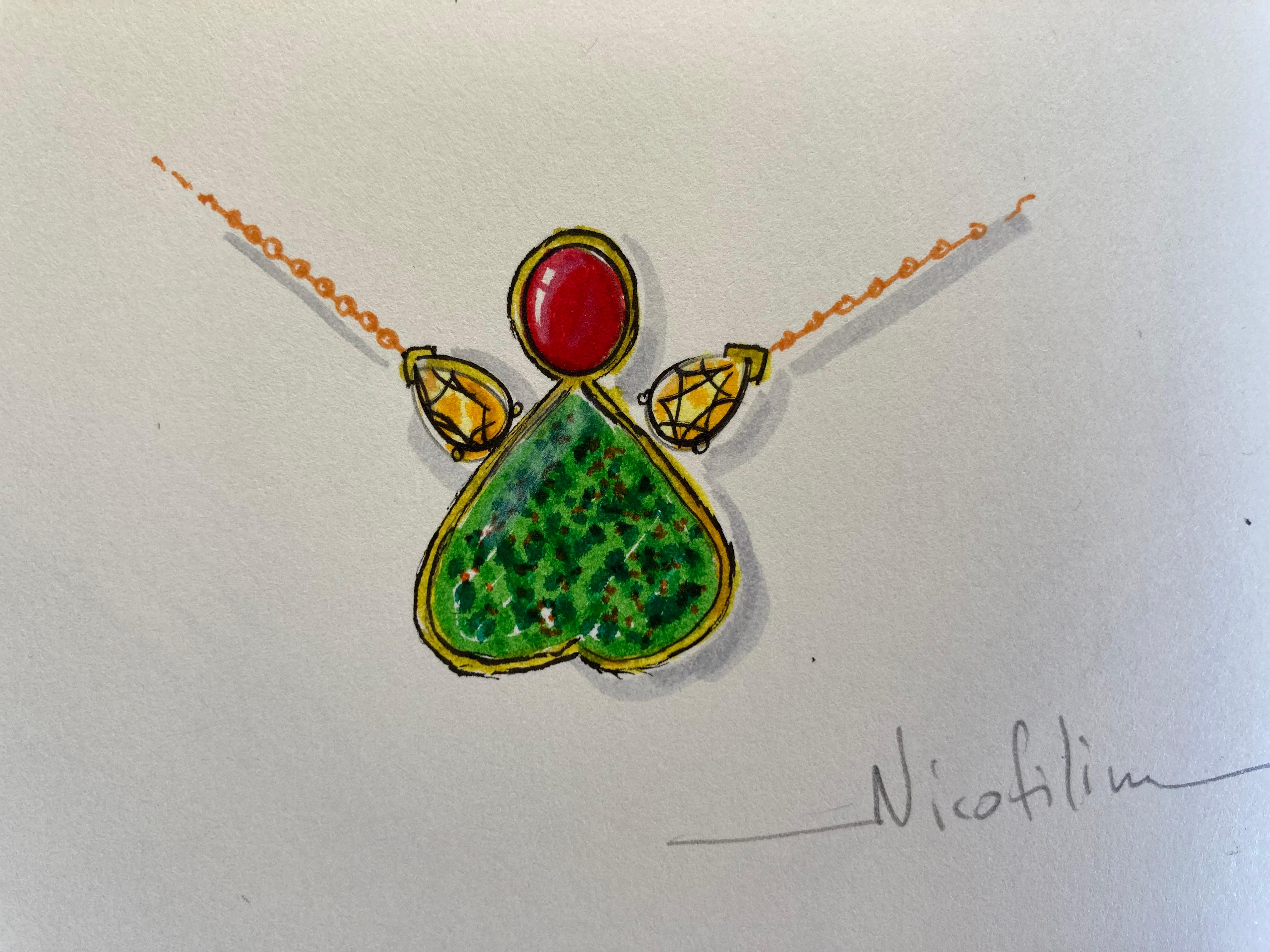 Grünes Granat-Herz-Halskette mit Stern-Rubin-Cabochon und Citrin Original Design im Angebot 3
