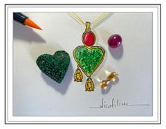Green Granat Heart Necklace with Star Ruby Cabochon and Citrine Original Design