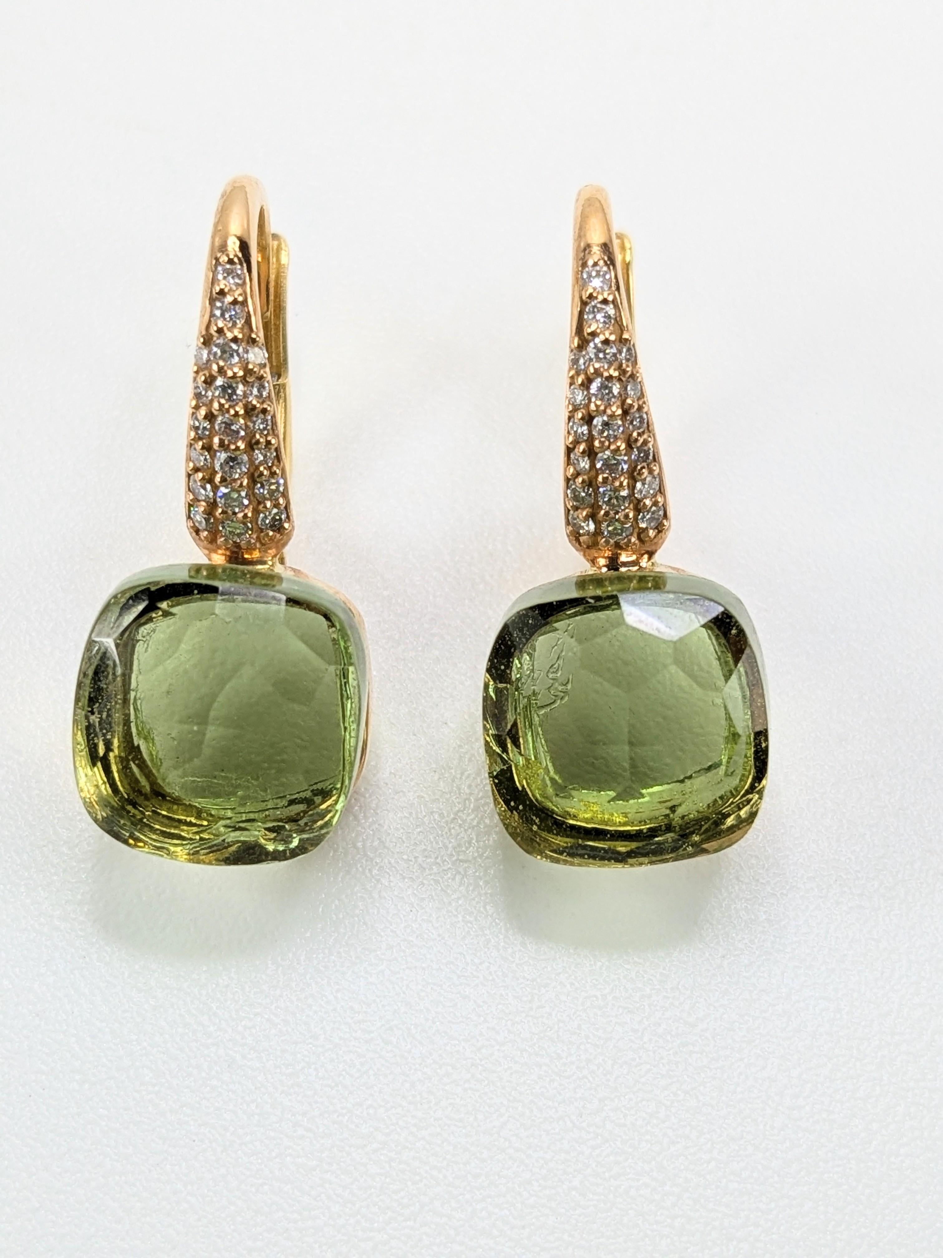Green Grass Quartz 18k Gold Dangle Earrings with Pave of Diamonds For Sale 6