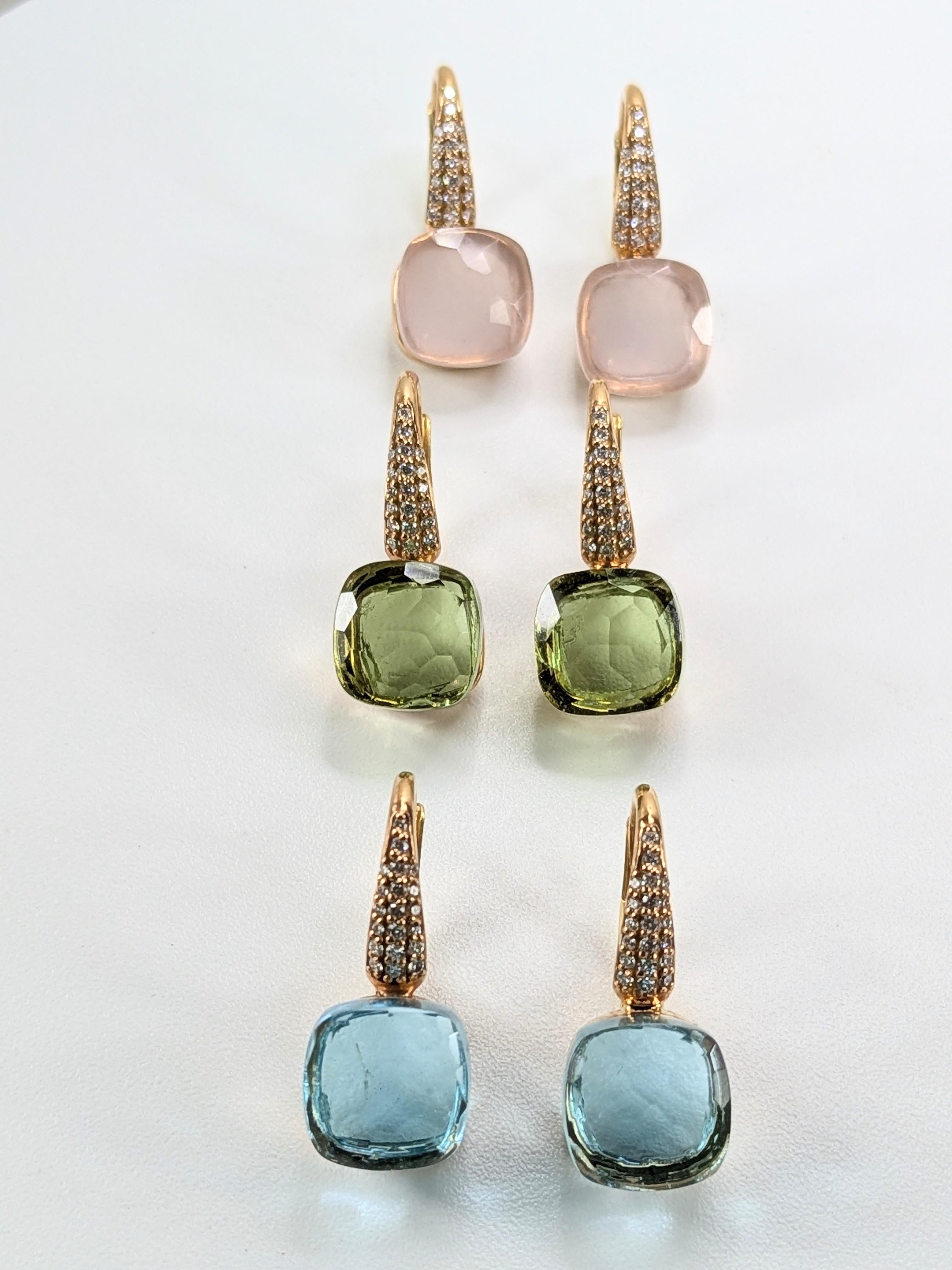 Green Grass Quartz 18k Gold Dangle Earrings with Pave of Diamonds For Sale 7