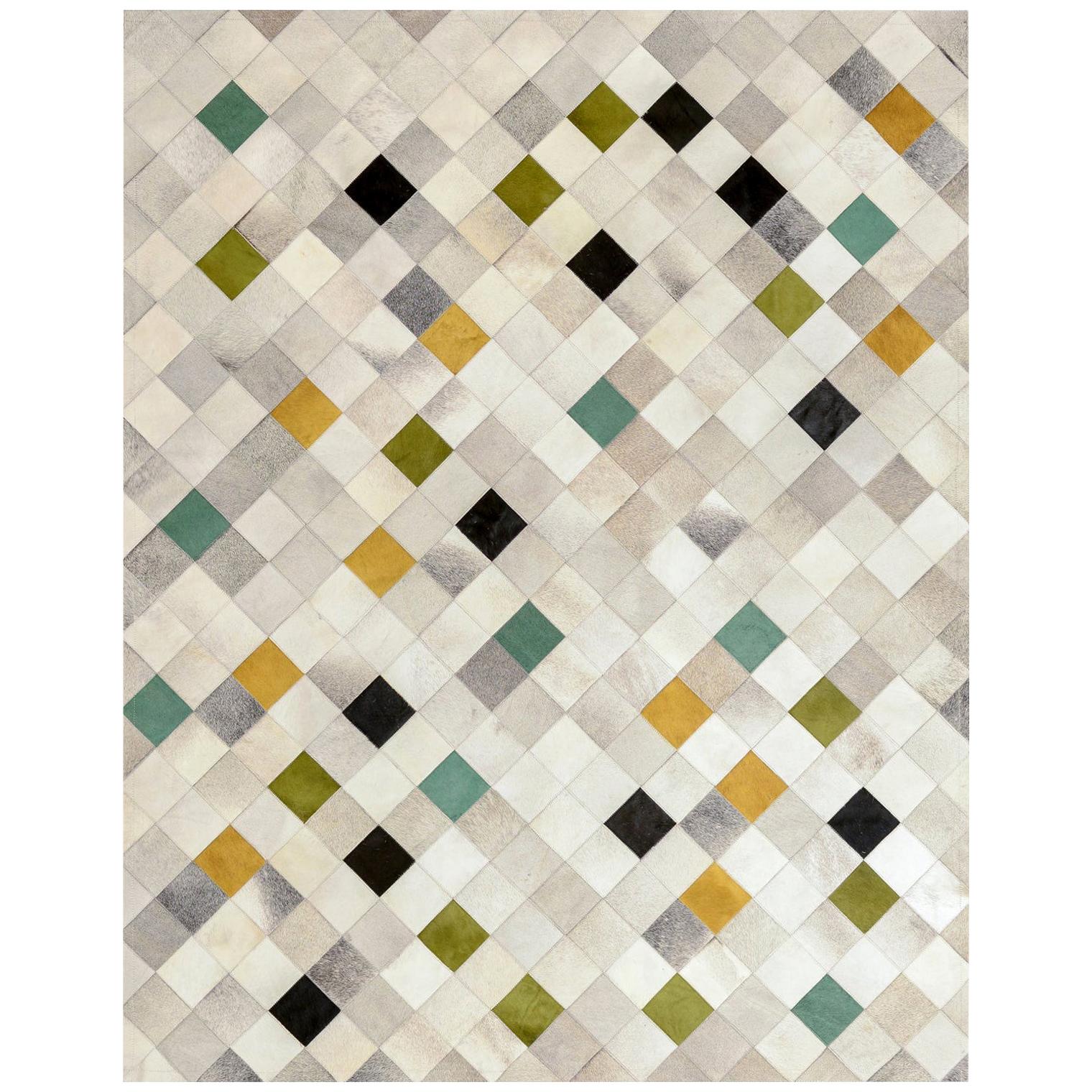 Green, Gray, Mustard Falling Squares Customizable Cowhide Area Floor Rug X-Large