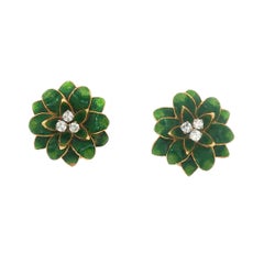 Green Guilloché Enamel 18K Lotus Earrings with Diamond Cluster Center