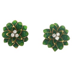 Green Guilloché Enamel 18K Lotus Earrings with Diamond Cluster Center