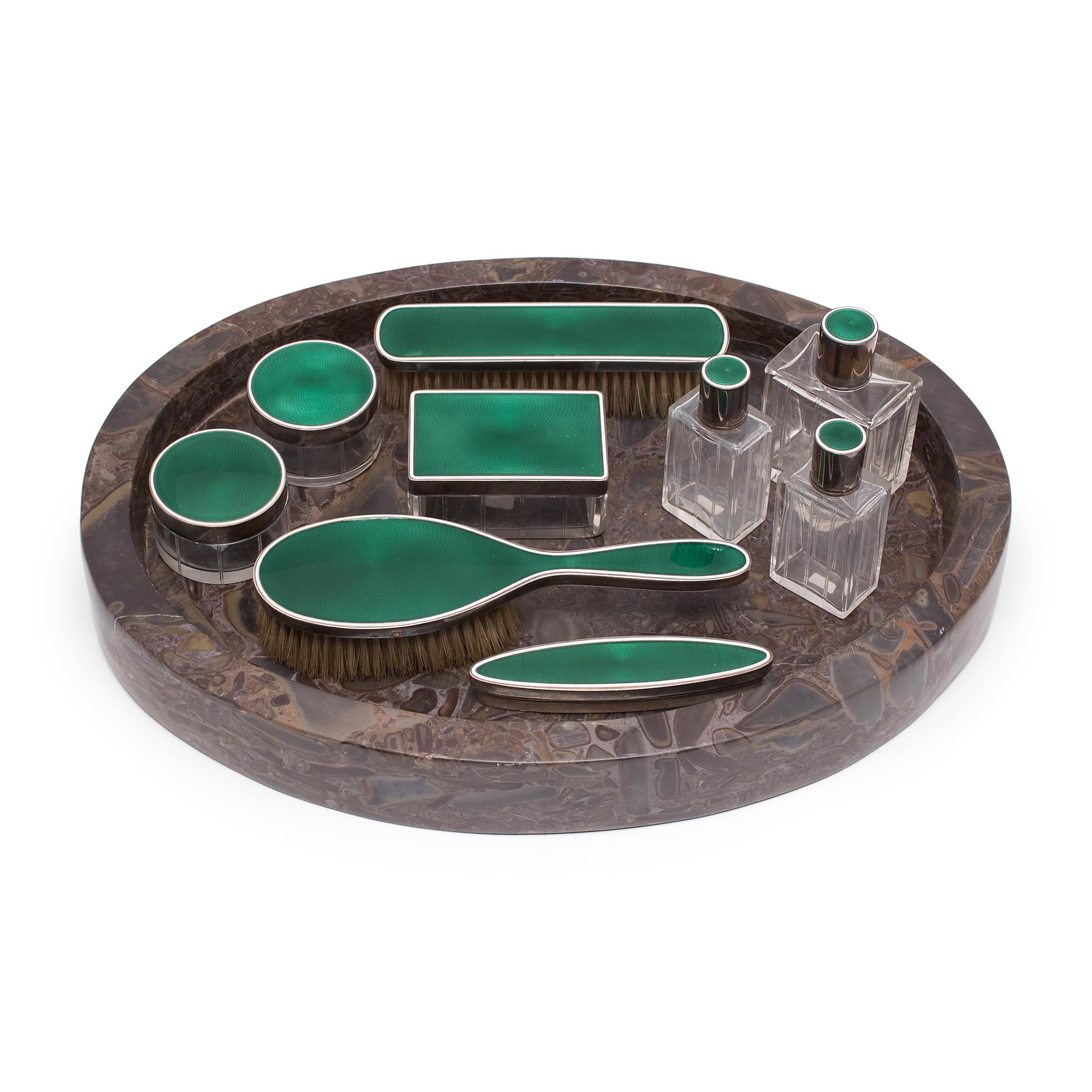 Green Guilloche Enamel Vanity Set, circa 1930 For Sale 6