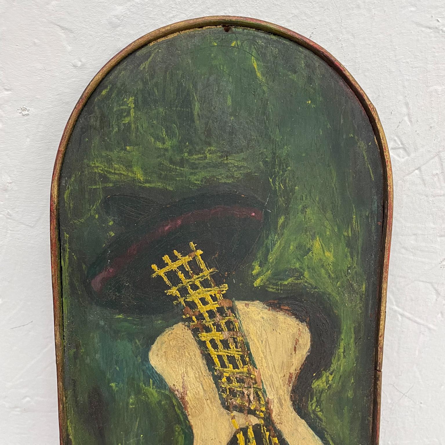 Mid-Century Modern Green Guitar Folk Art Painted Wood Plaque Vintage Wall Art 1970s
