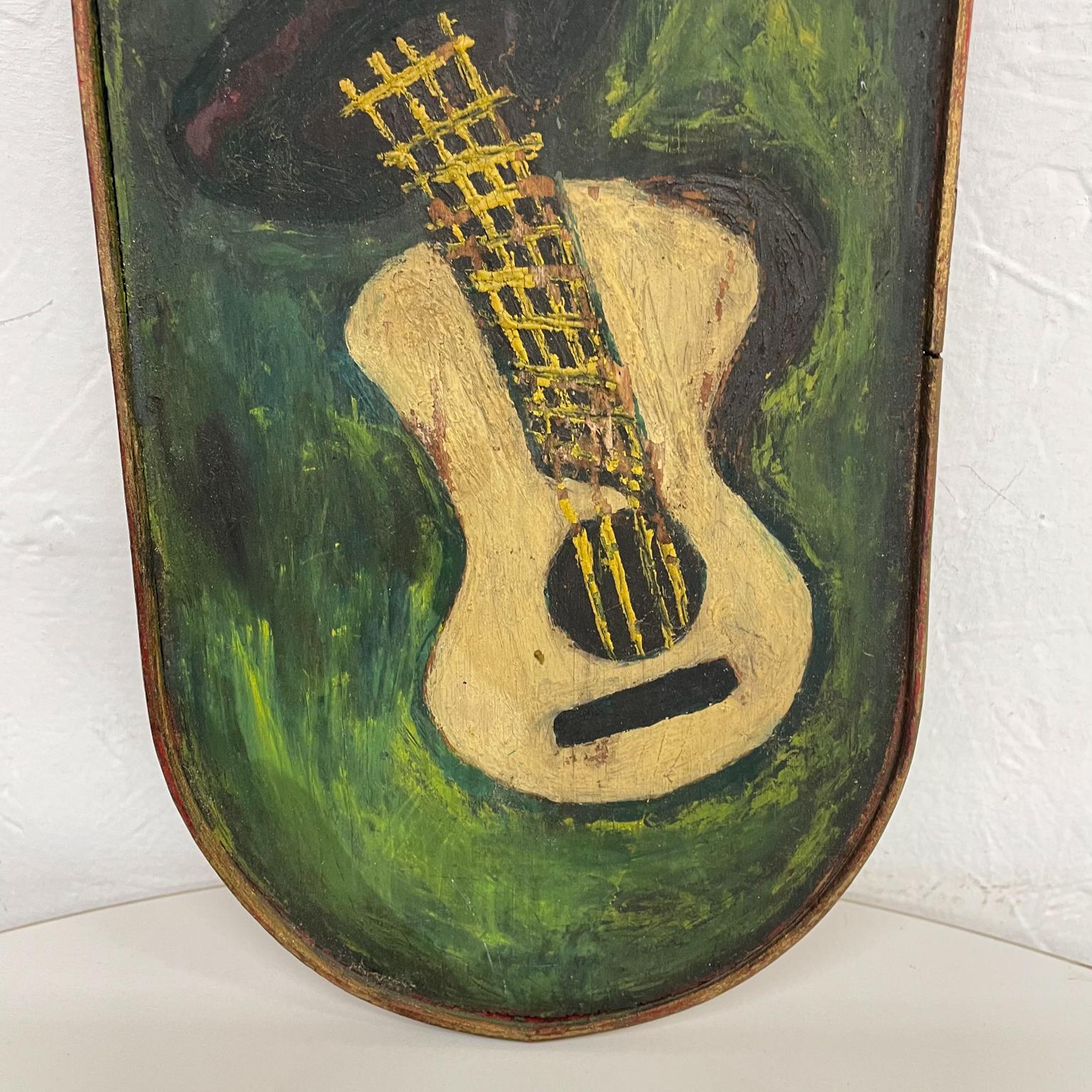 North American Green Guitar Folk Art Painted Wood Plaque Vintage Wall Art 1970s