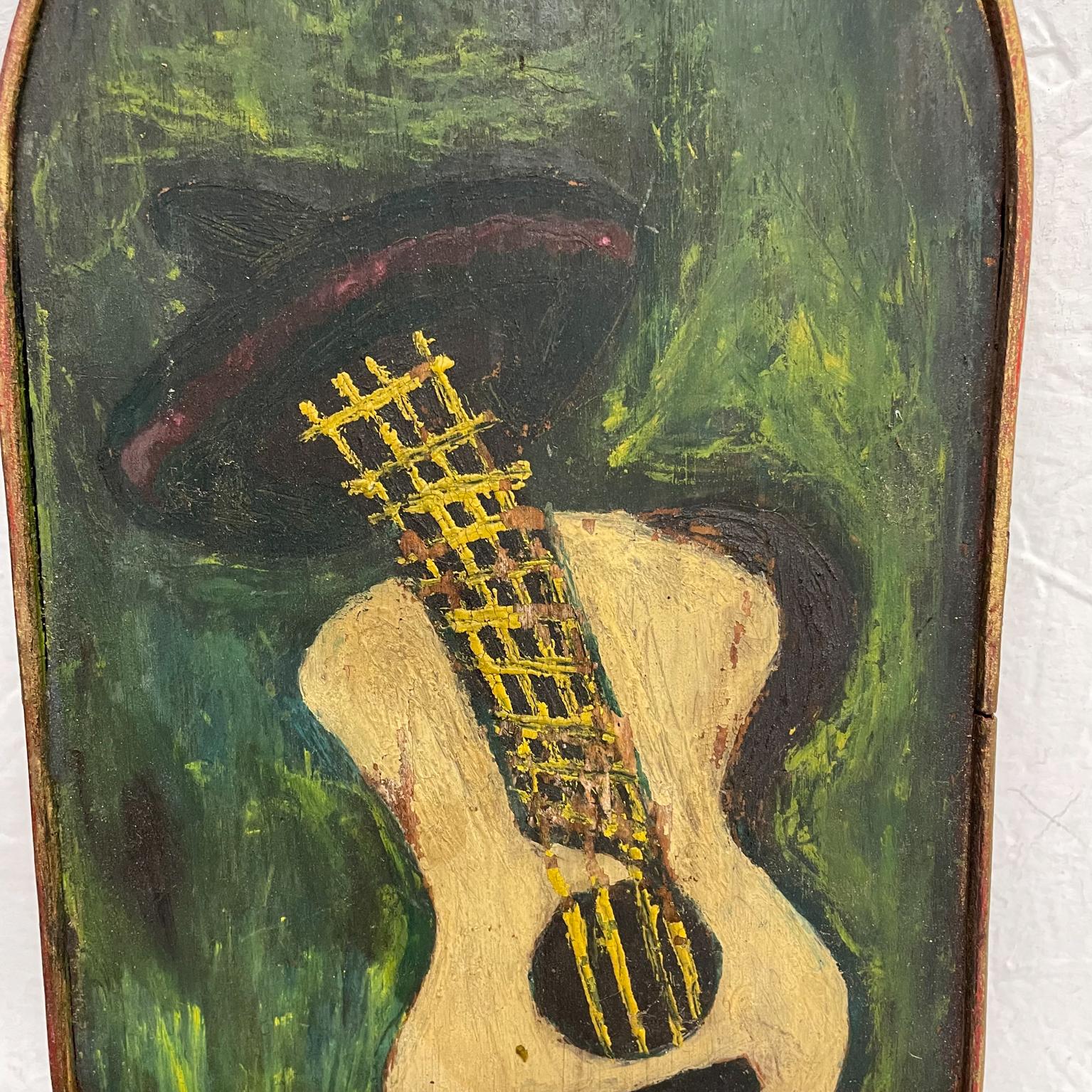 Green Guitar Folk Art Painted Wood Plaque Vintage Wall Art 1970s In Good Condition In Chula Vista, CA