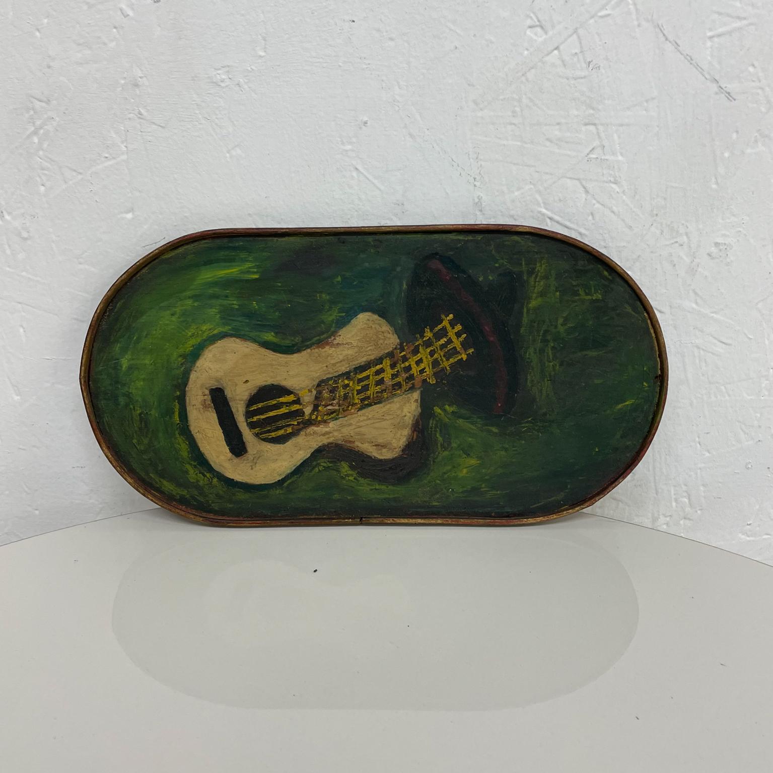 Green Guitar Folk Art Painted Wood Plaque Vintage Wall Art 1970s 1
