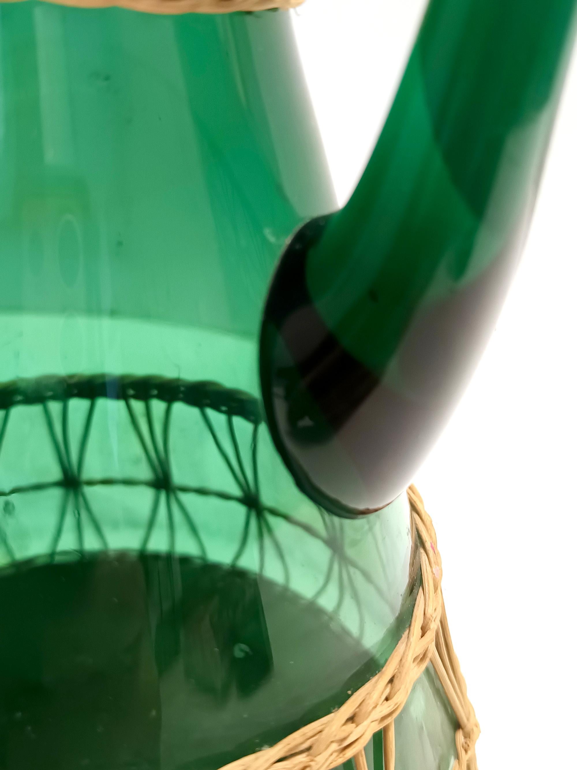 Green Hand Blown Glass and Wicker Jug / Vase, Empoli, Italy For Sale 4