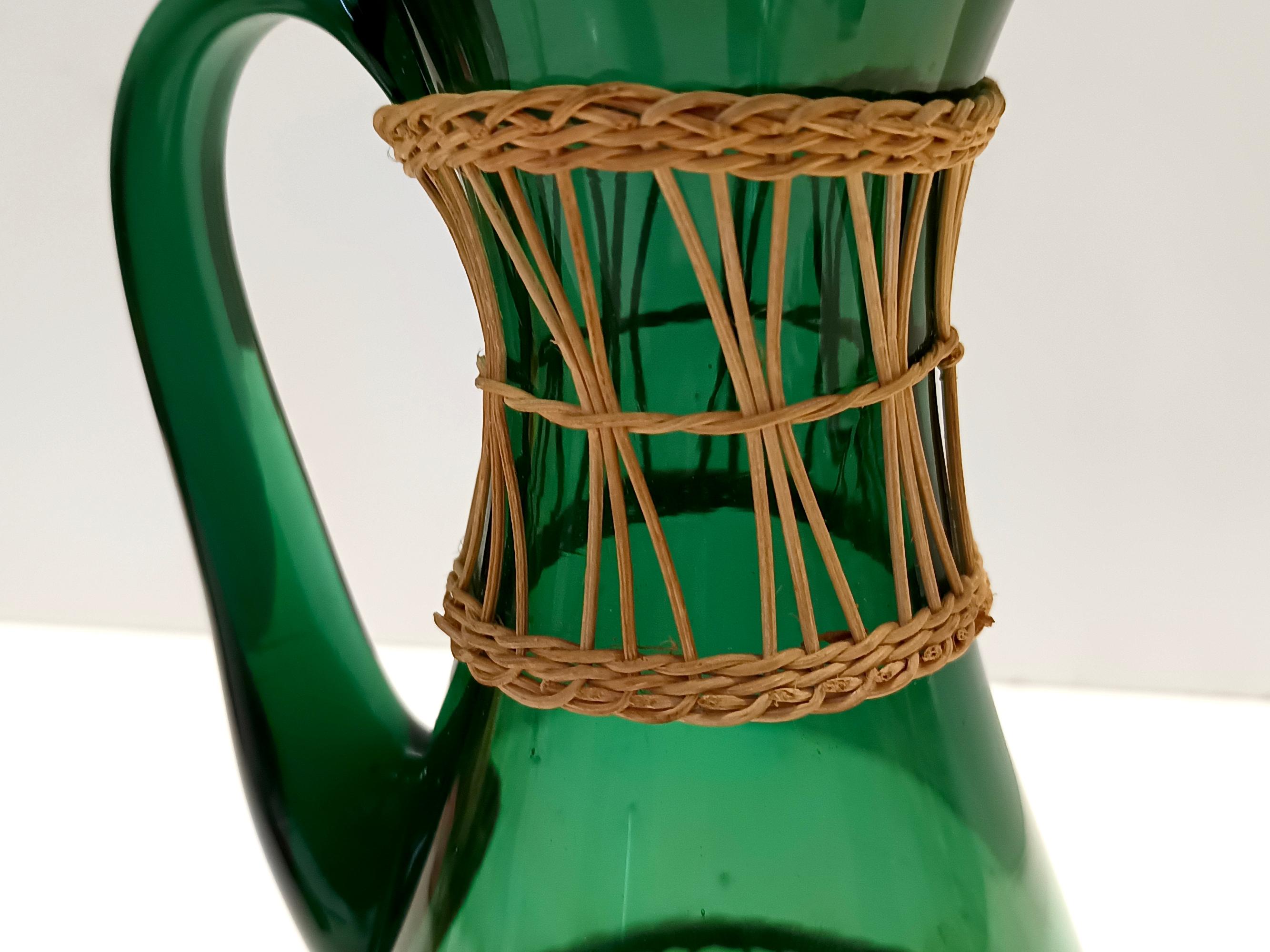 Green Hand Blown Glass and Wicker Jug / Vase, Empoli, Italy For Sale 5