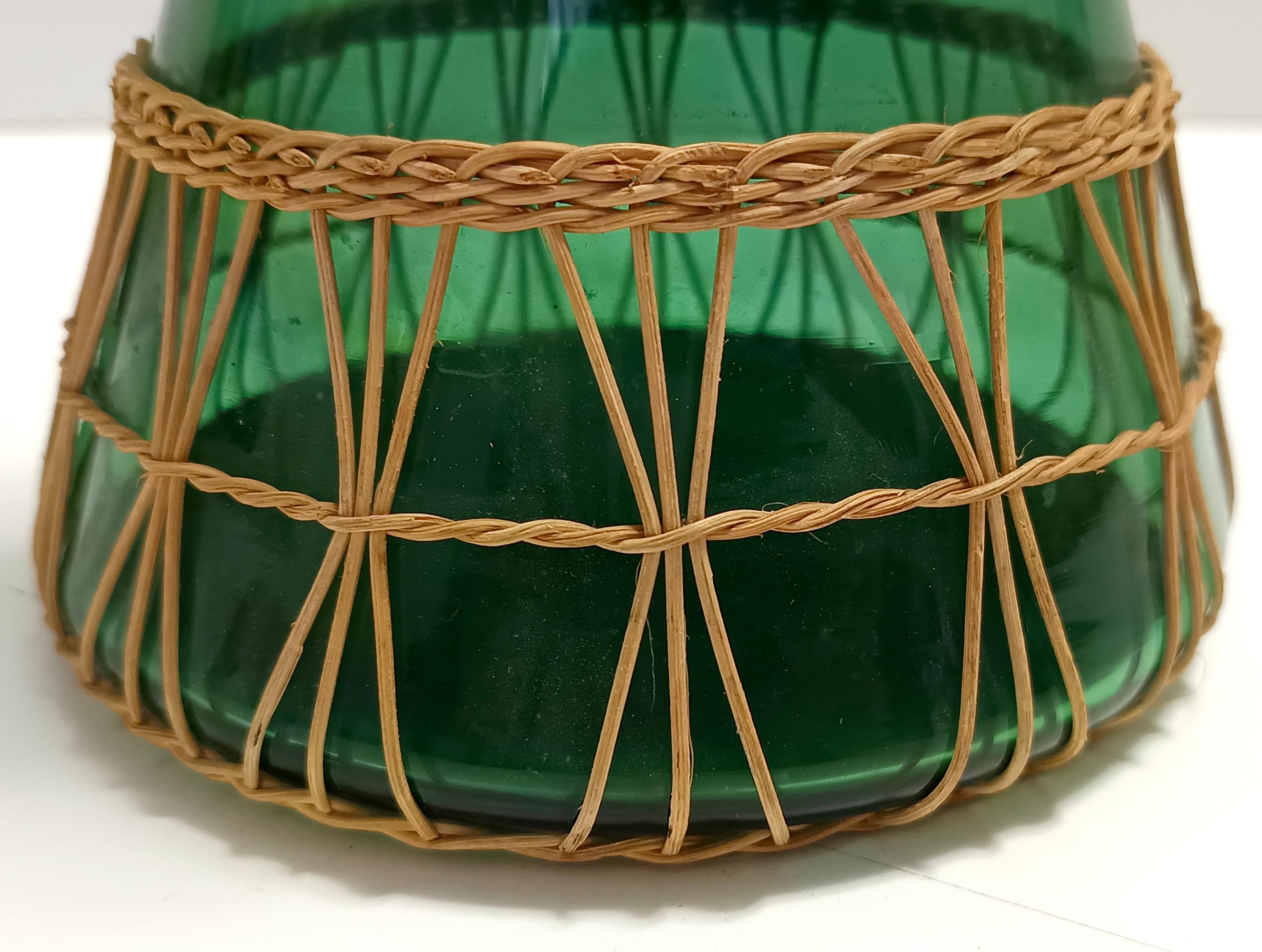 Green Hand Blown Glass and Wicker Jug / Vase, Empoli, Italy For Sale 6