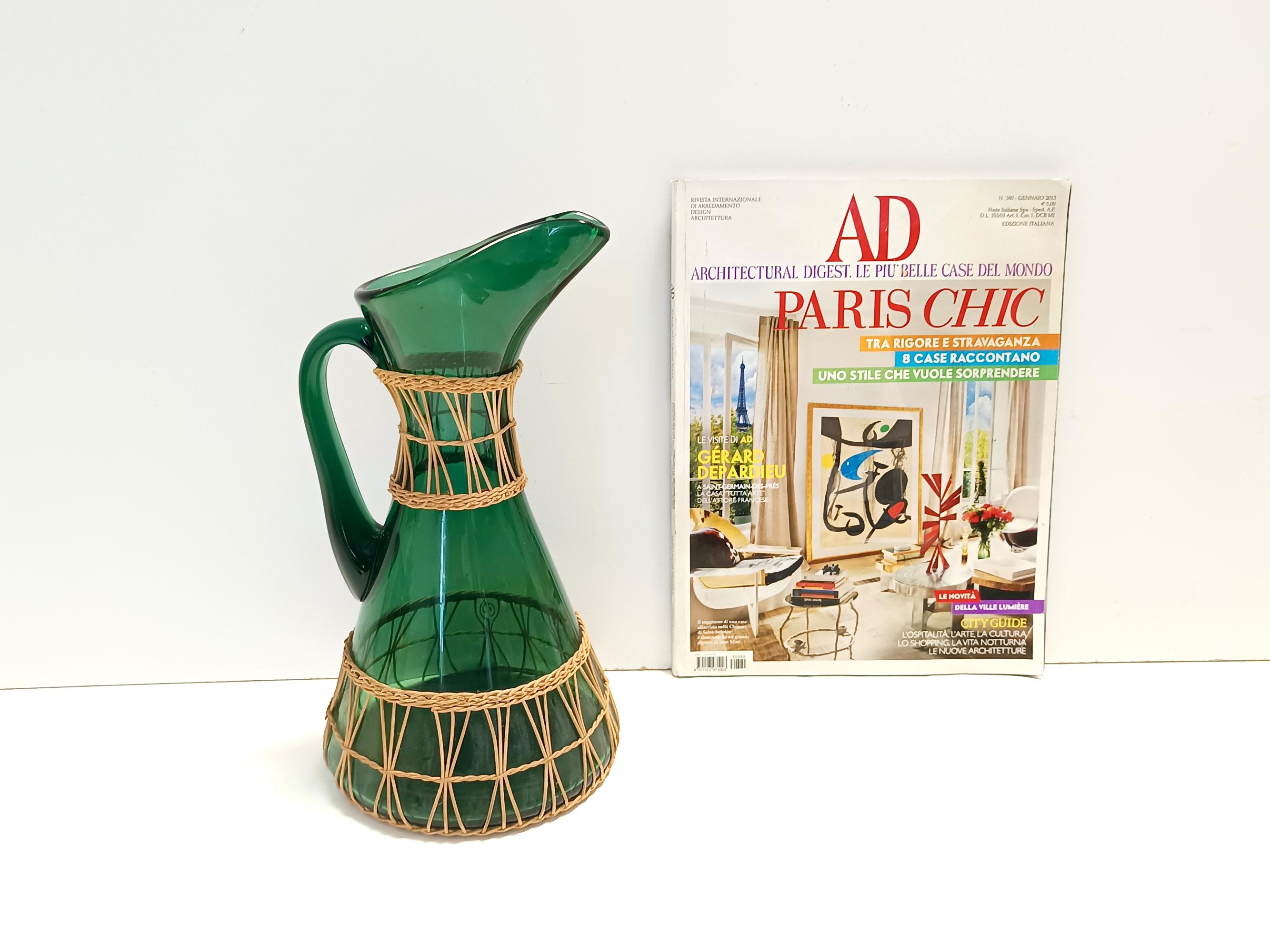 Mid-Century Modern Green Hand Blown Glass and Wicker Jug / Vase, Empoli, Italy For Sale