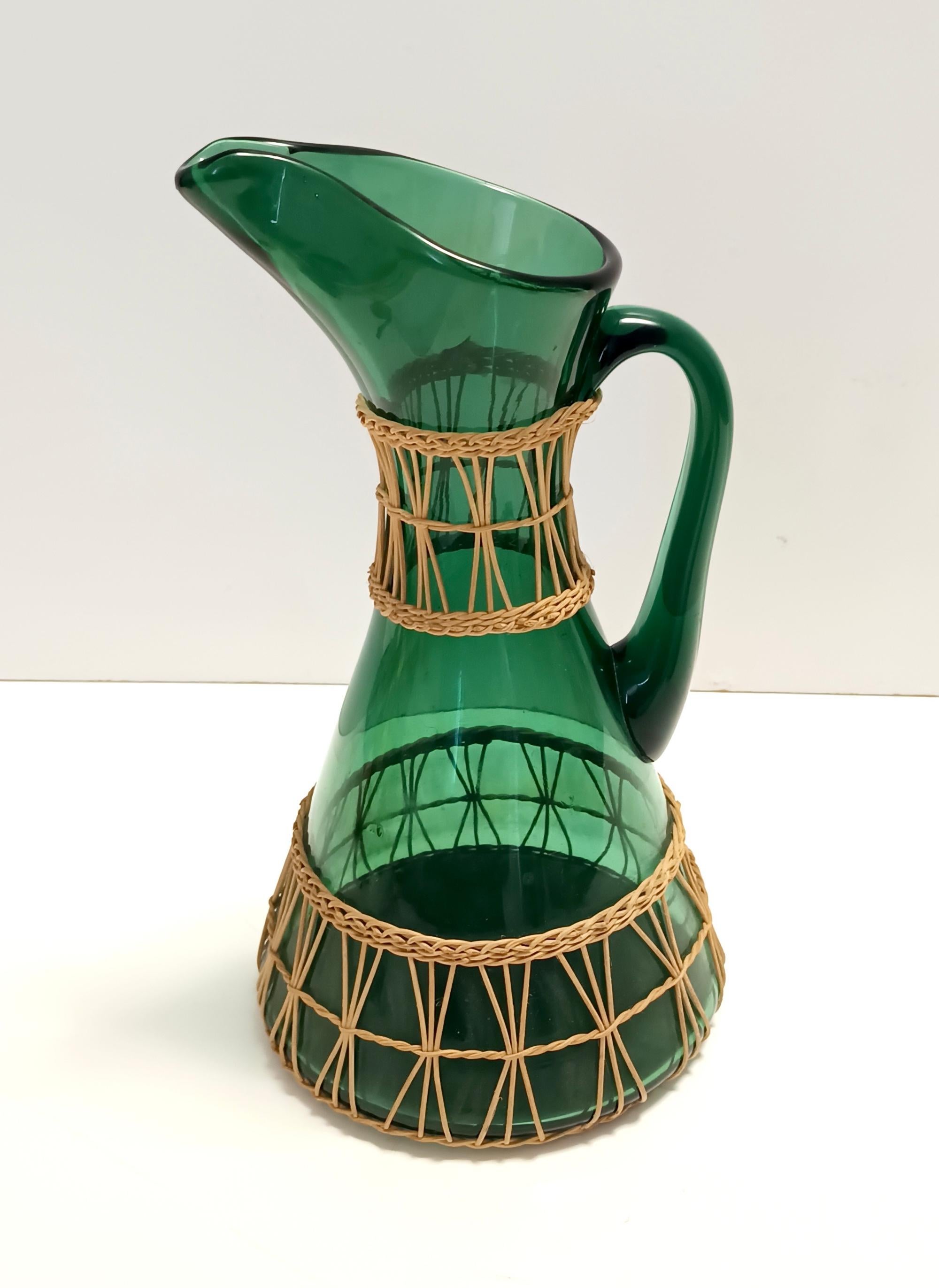 Italian Green Hand Blown Glass and Wicker Jug / Vase, Empoli, Italy For Sale