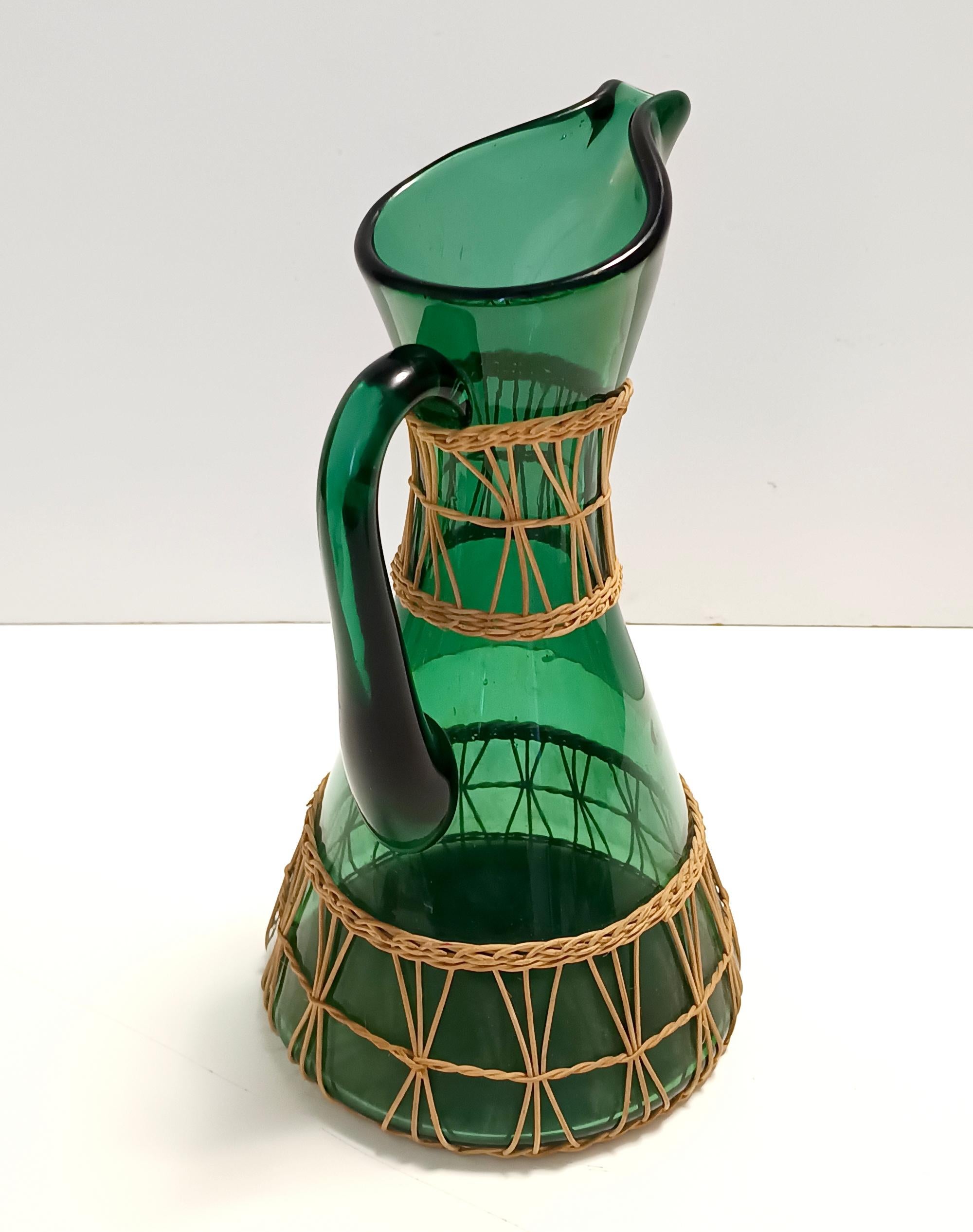 Mid-20th Century Green Hand Blown Glass and Wicker Jug / Vase, Empoli, Italy For Sale