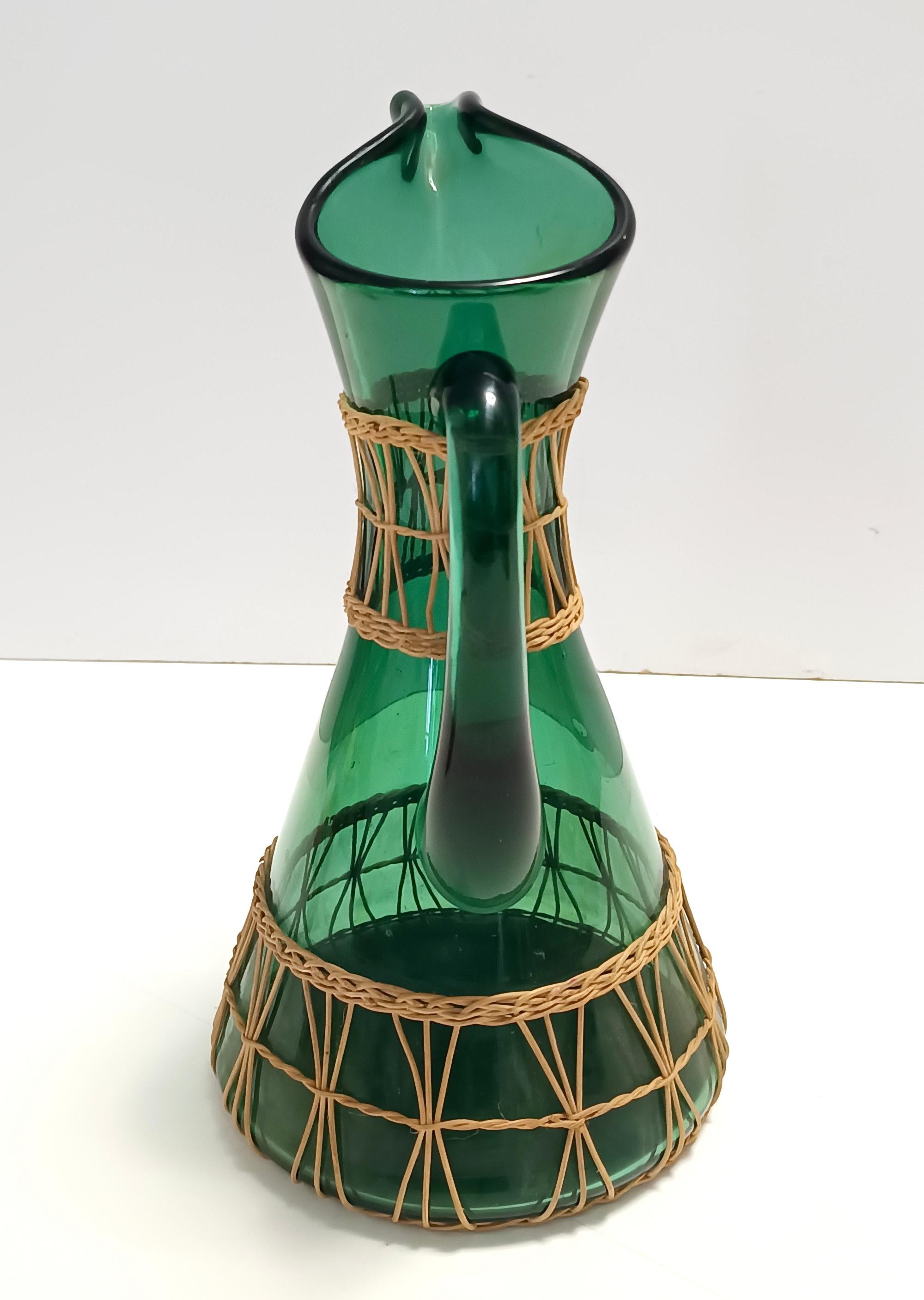 Green Hand Blown Glass and Wicker Jug / Vase, Empoli, Italy For Sale 1