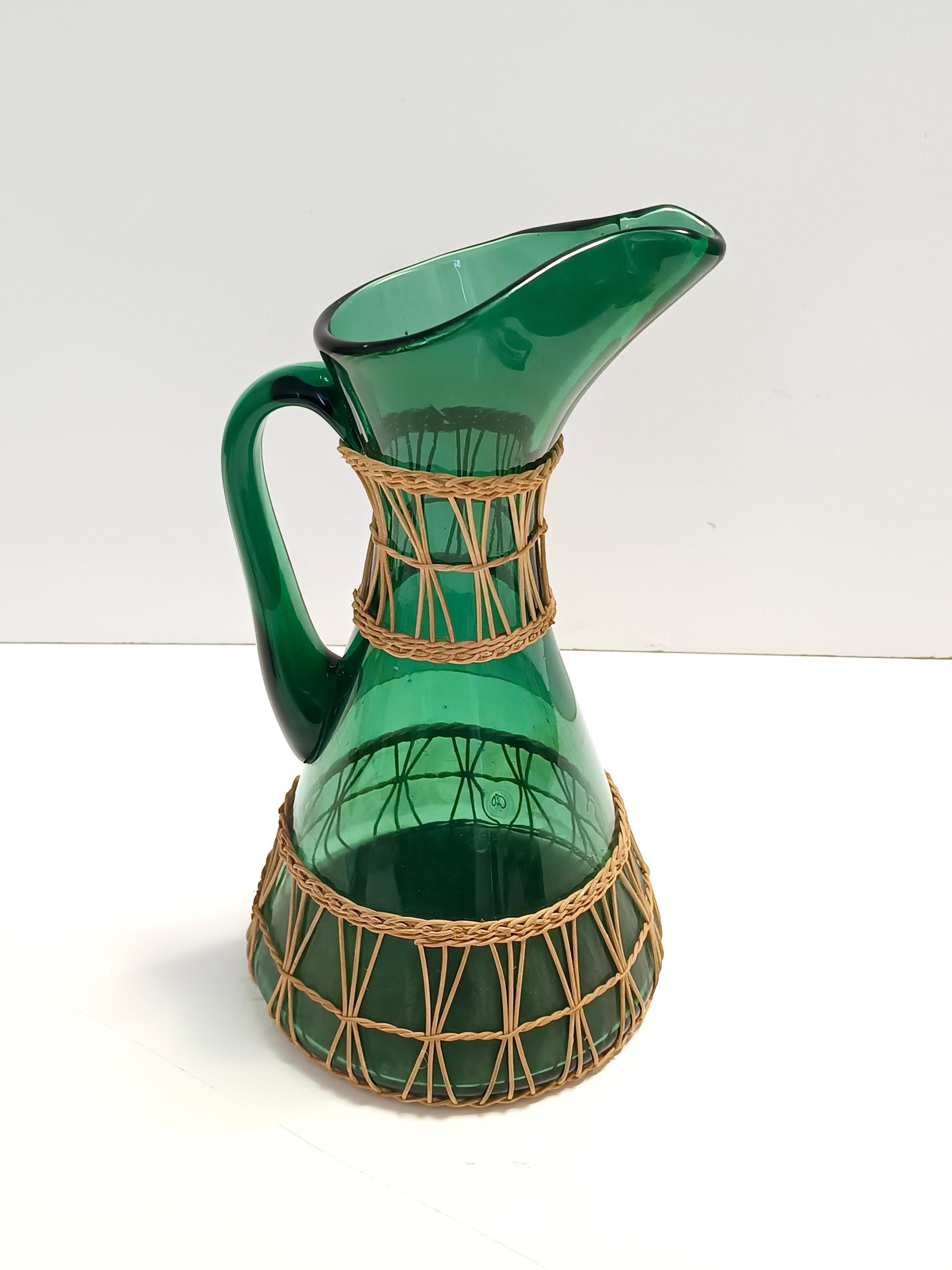 Green Hand Blown Glass and Wicker Jug / Vase, Empoli, Italy For Sale 2
