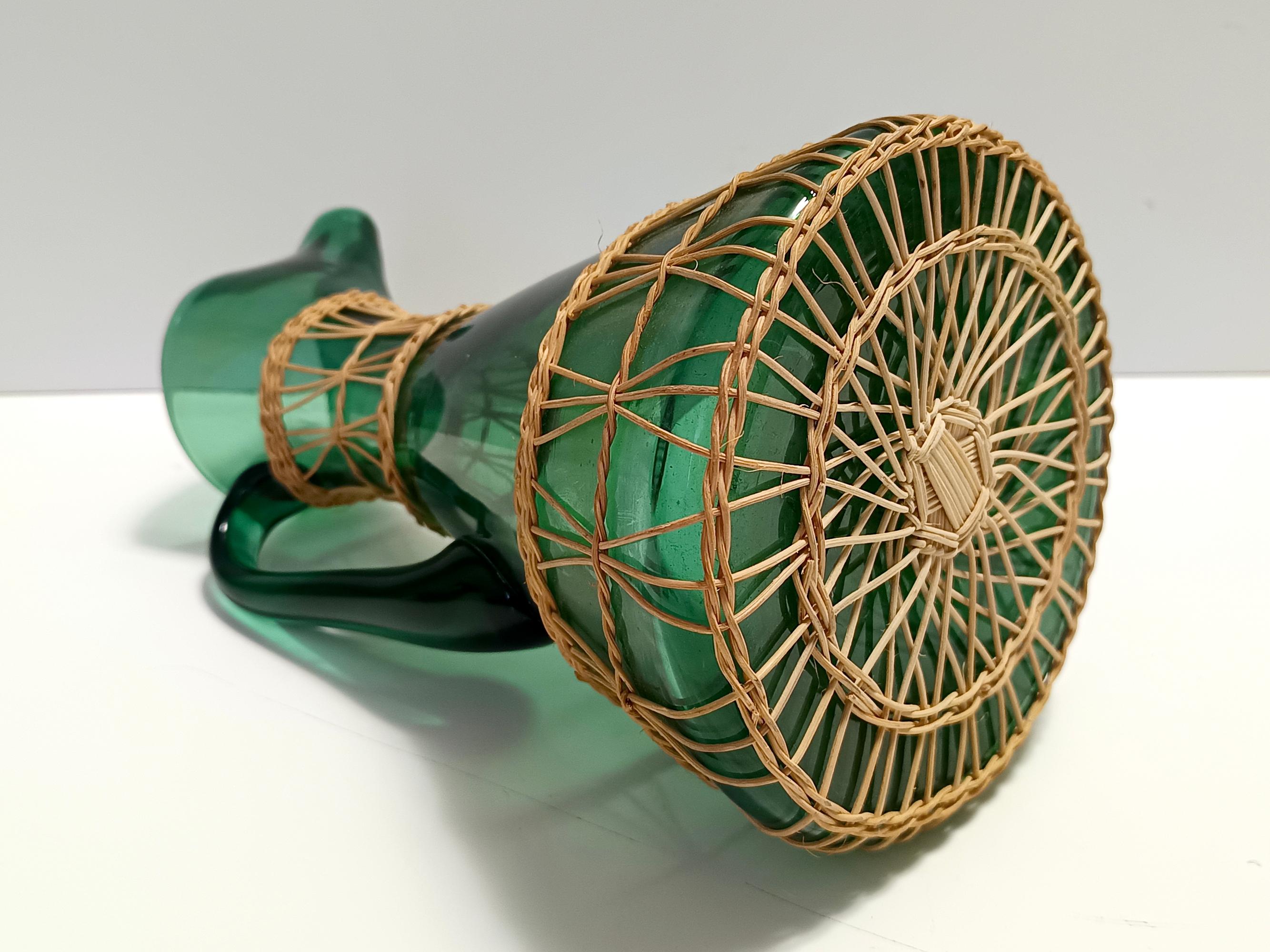 Green Hand Blown Glass and Wicker Jug / Vase, Empoli, Italy For Sale 3