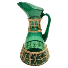 Green Hand Blown Glass and Wicker Jug / Vase, Empoli, Italy