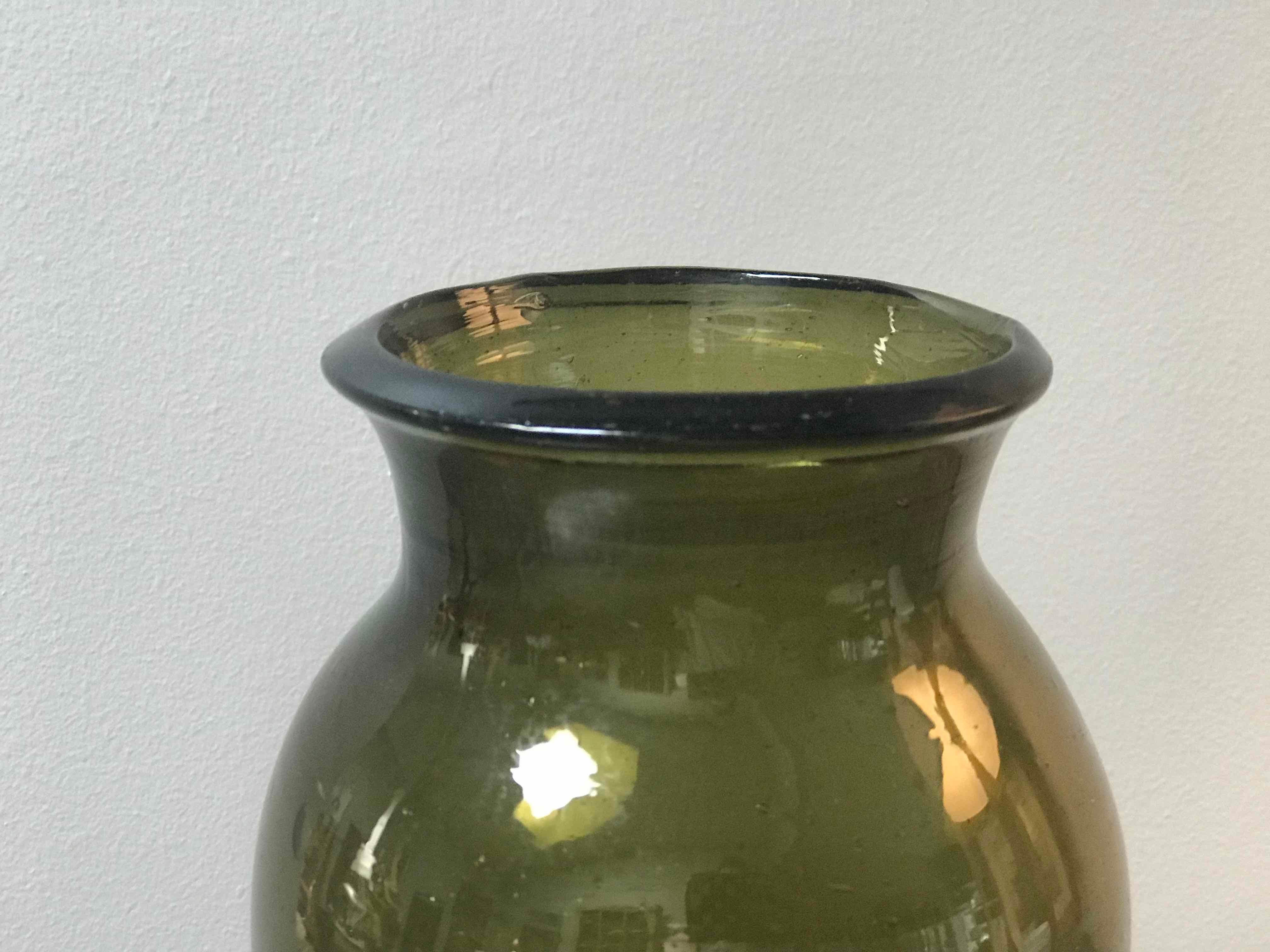 French Green Hand Blown Glass Bottle from Mid-19th Century France