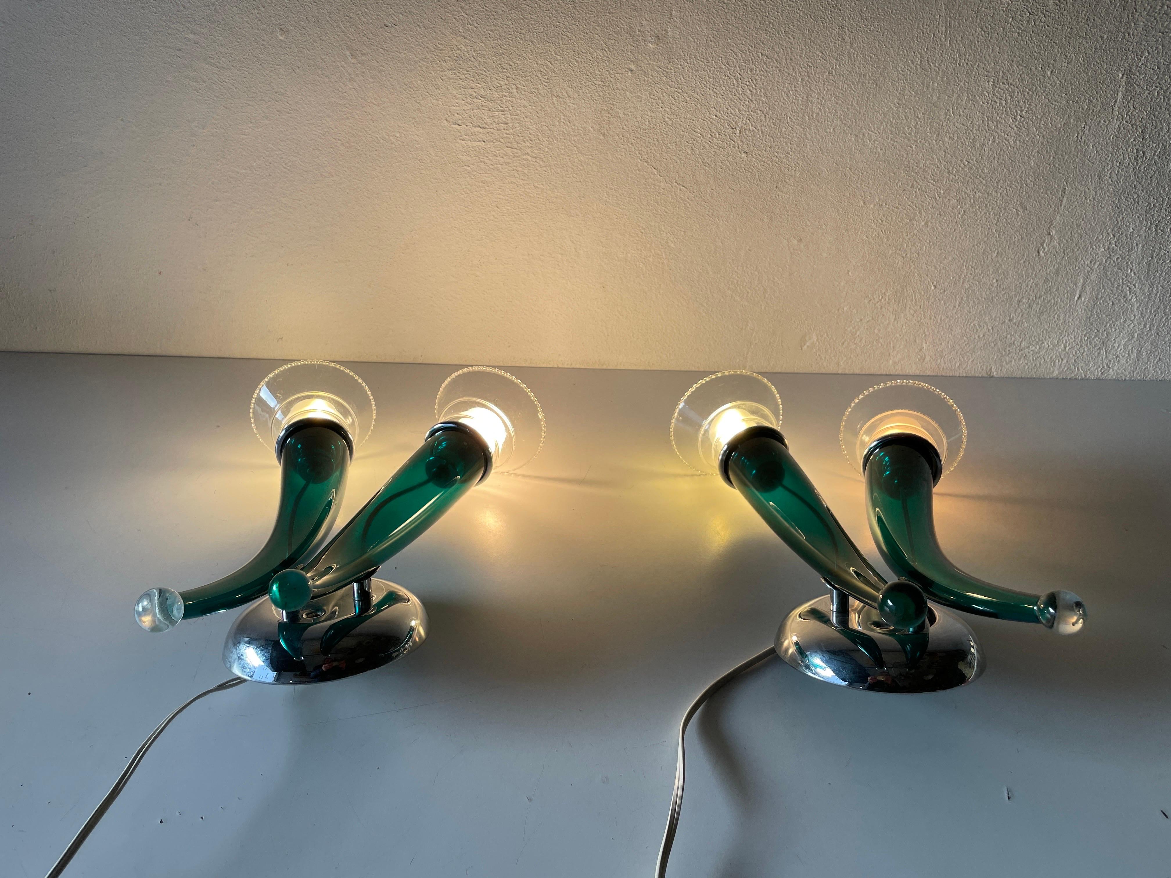 Green Handcrafted Murano Glass Pair of Large Sconces by VeArt, 1970s, Italy For Sale 4