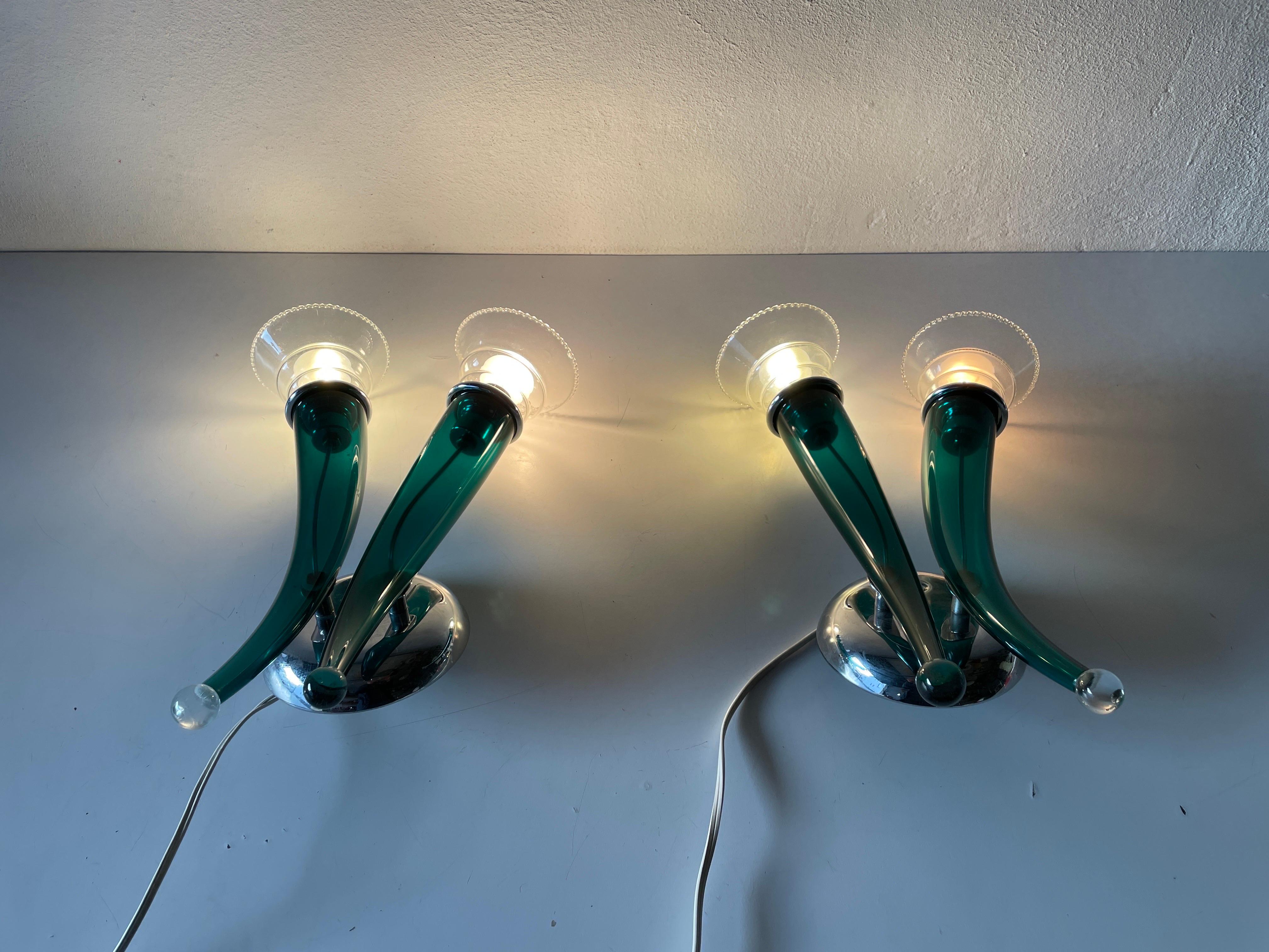 Green Handcrafted Murano Glass Pair of Large Sconces by VeArt, 1970s, Italy For Sale 5