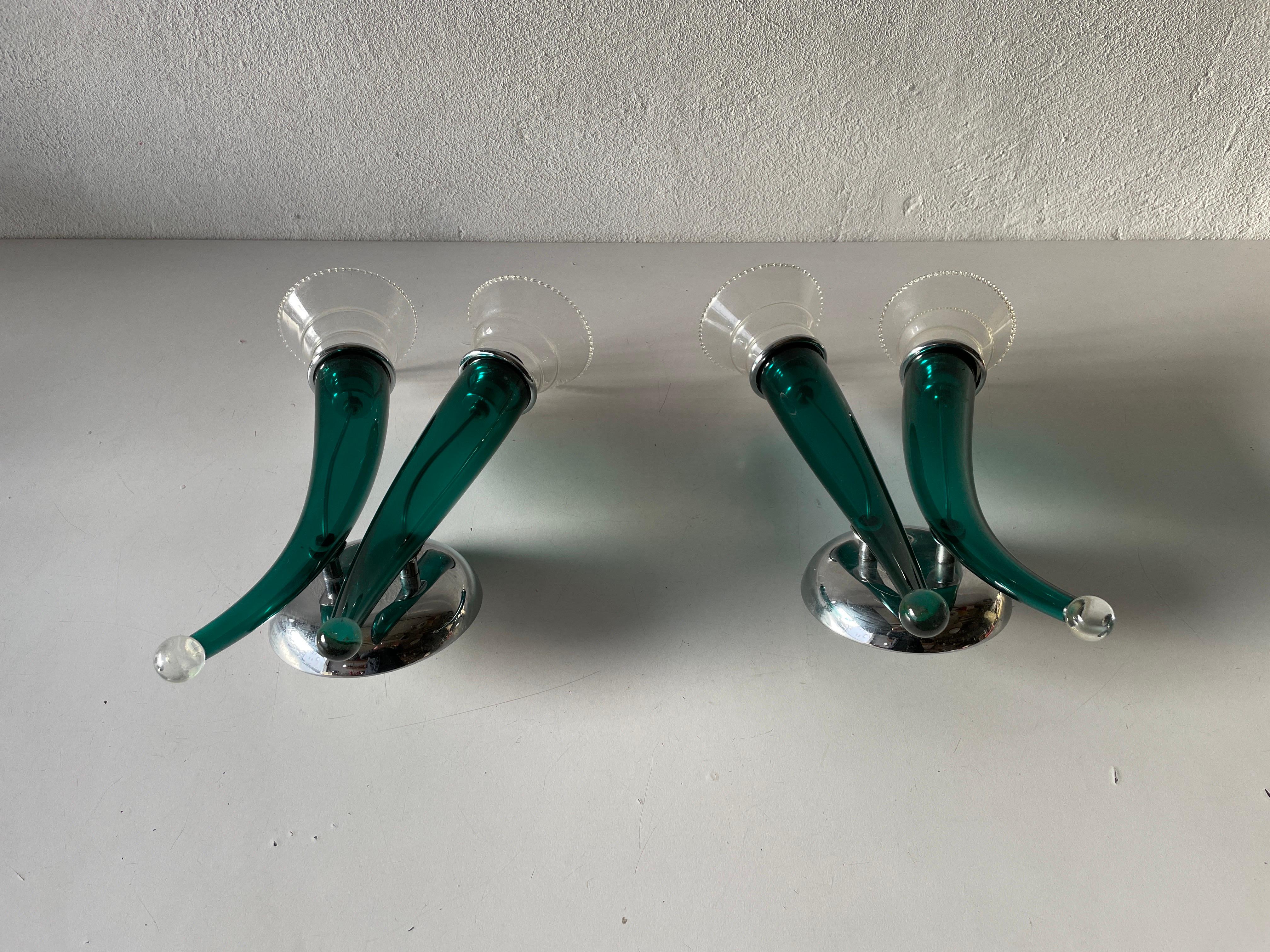 Space Age Green Handcrafted Murano Glass Pair of Large Sconces by VeArt, 1970s, Italy For Sale