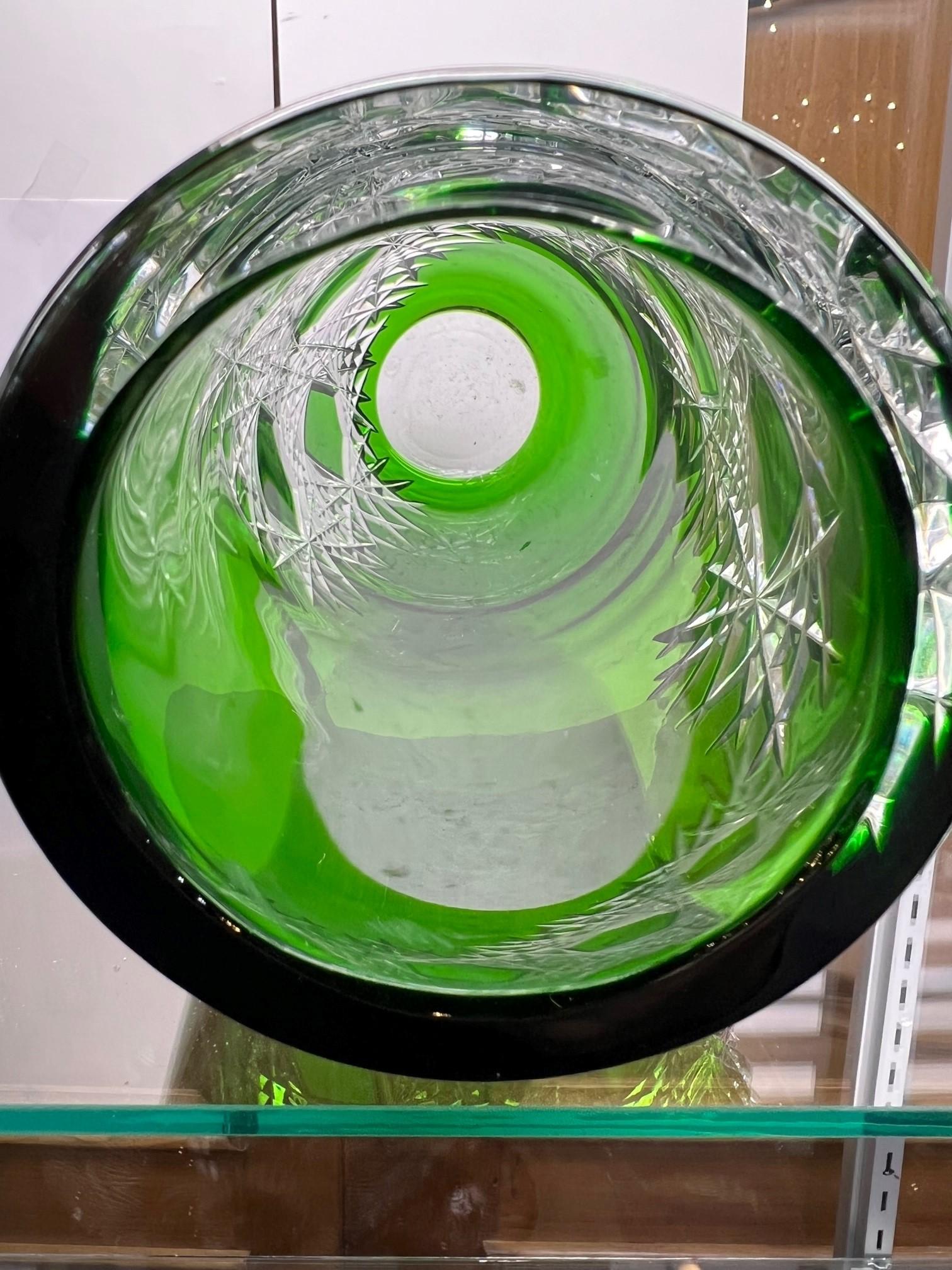 Green Hand Cut Lead Crystal Vase by Caesar Crystal Bohemiae Co. Czech Republic For Sale 3