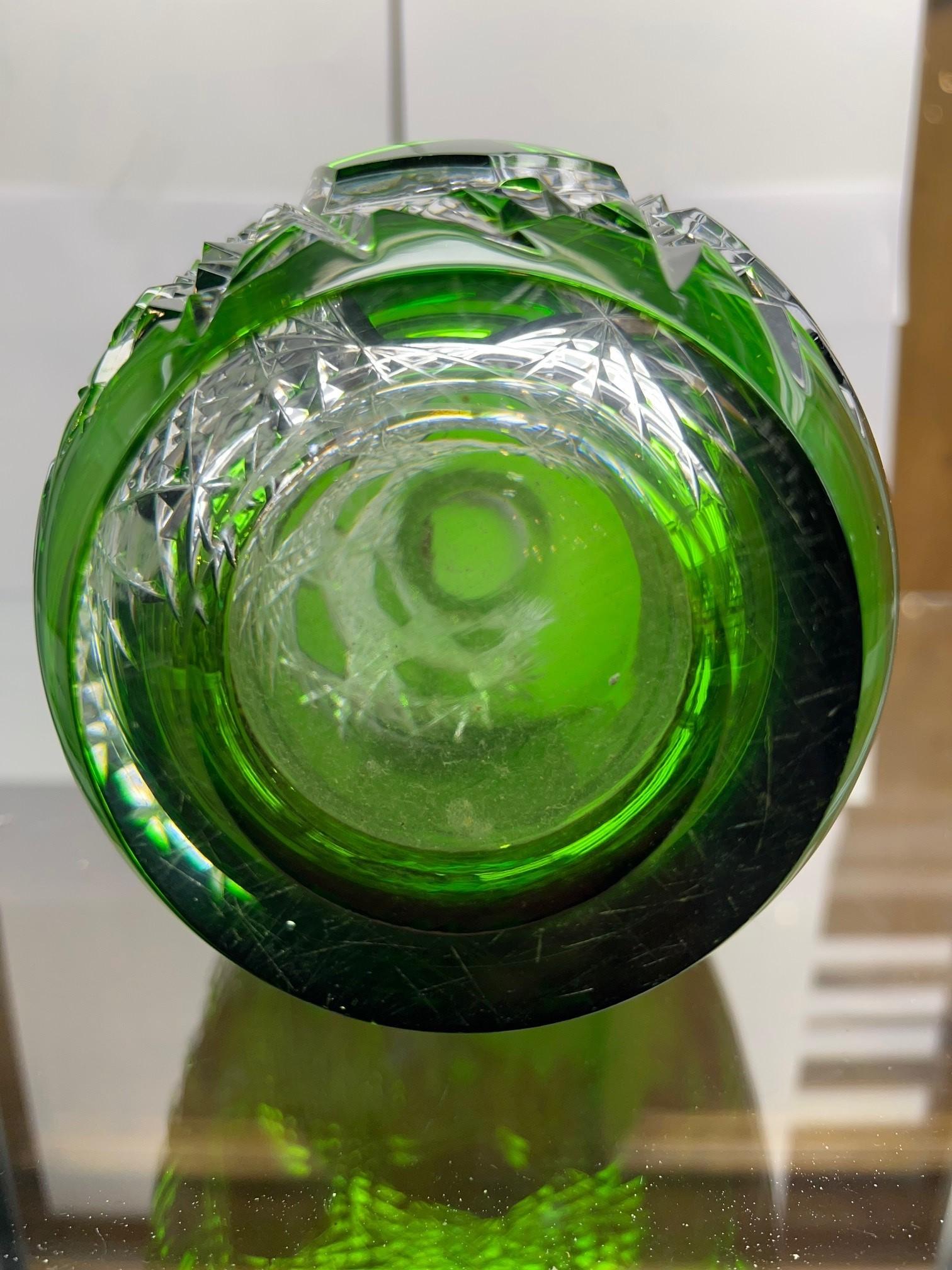 Green Hand Cut Lead Crystal Vase by Caesar Crystal Bohemiae Co. Czech Republic For Sale 4