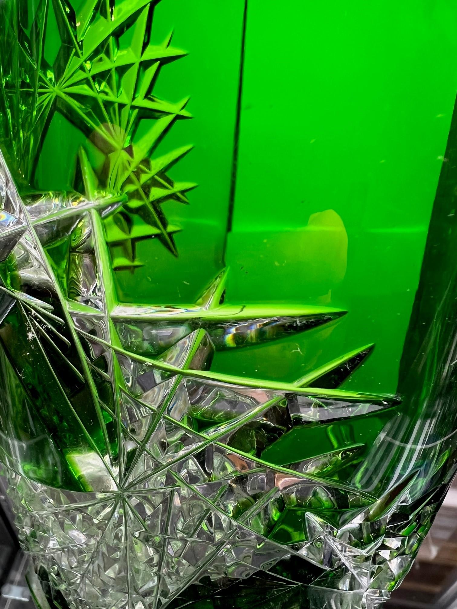 Green Hand Cut Lead Crystal Vase by Caesar Crystal Bohemiae Co. Czech Republic For Sale 5